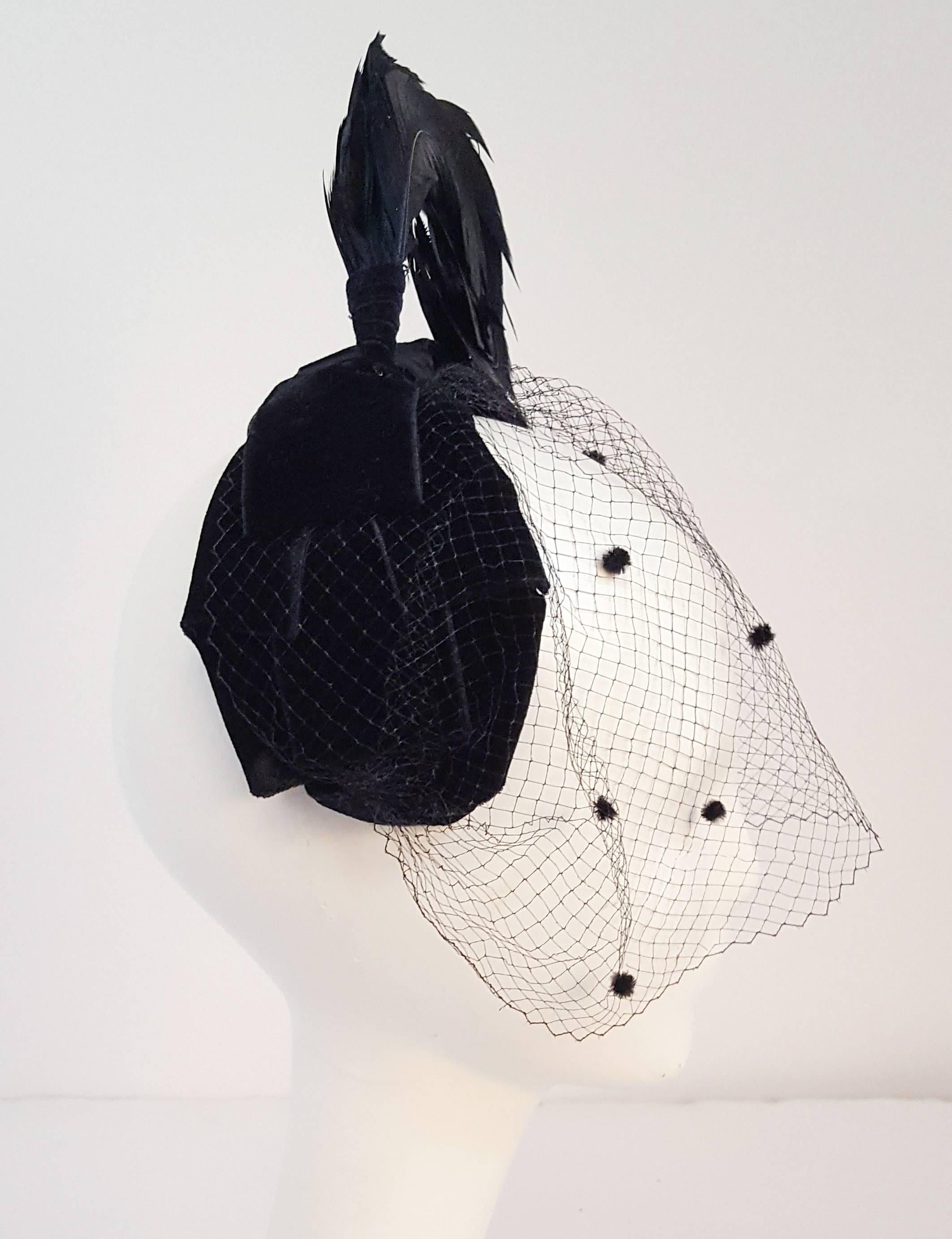 Beige 1950s Black Velvet Hat with Rhinestone Heart Embellishment and Veil