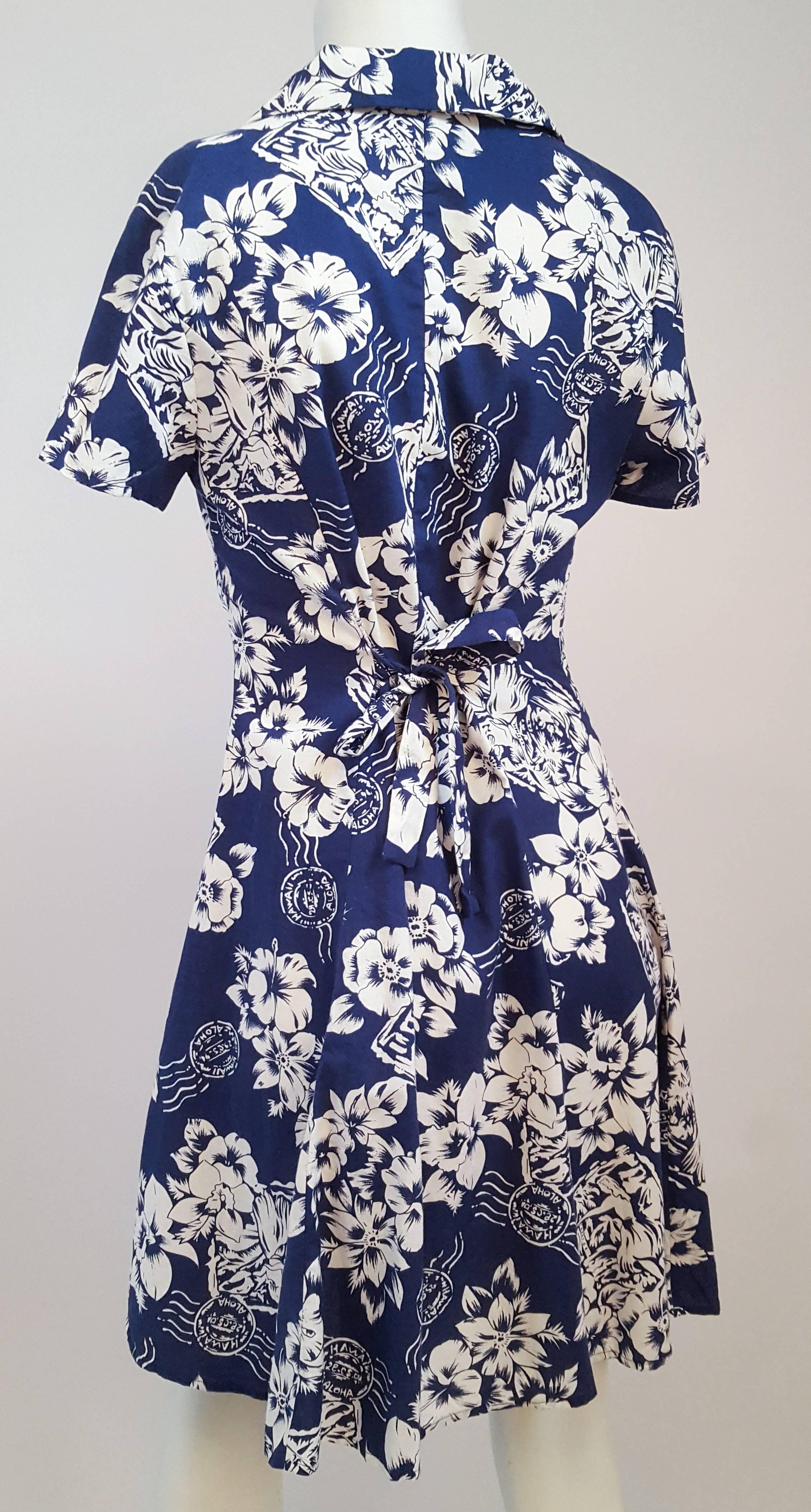 1980s Blue Hawaiian Print Shirt Dress. 