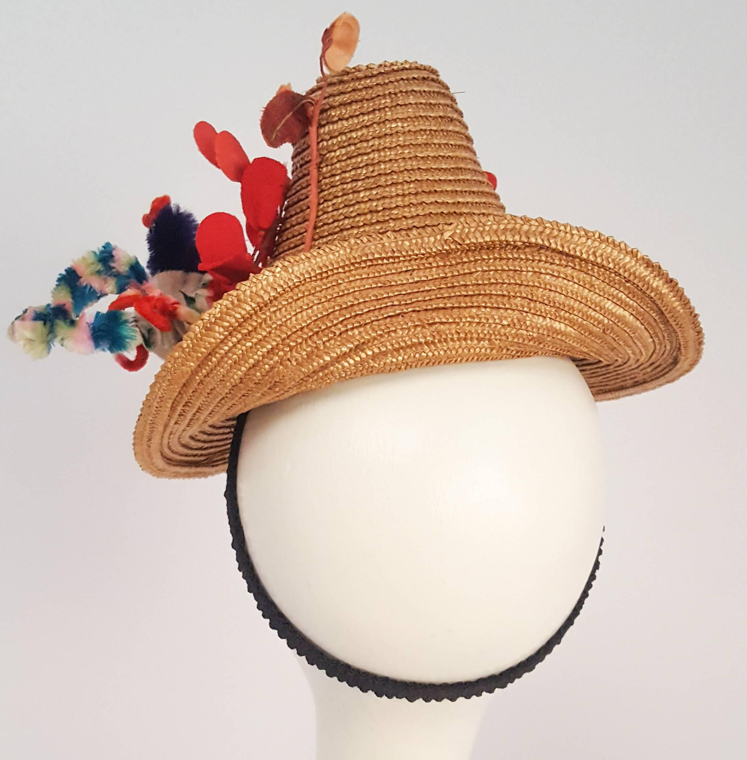 Brown 1940s Straw Hat w/ Bird and Flower Embellishment