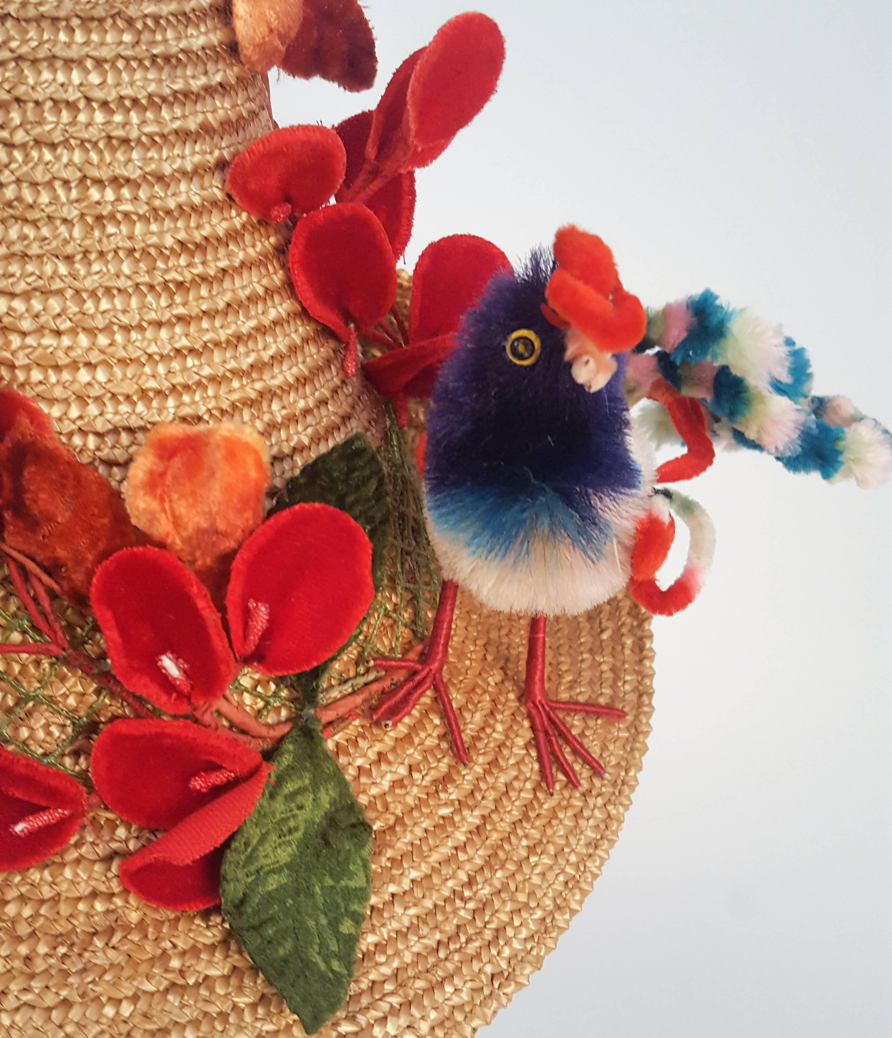 1940s Straw Hat w/ Bird and Flower Embellishment 1