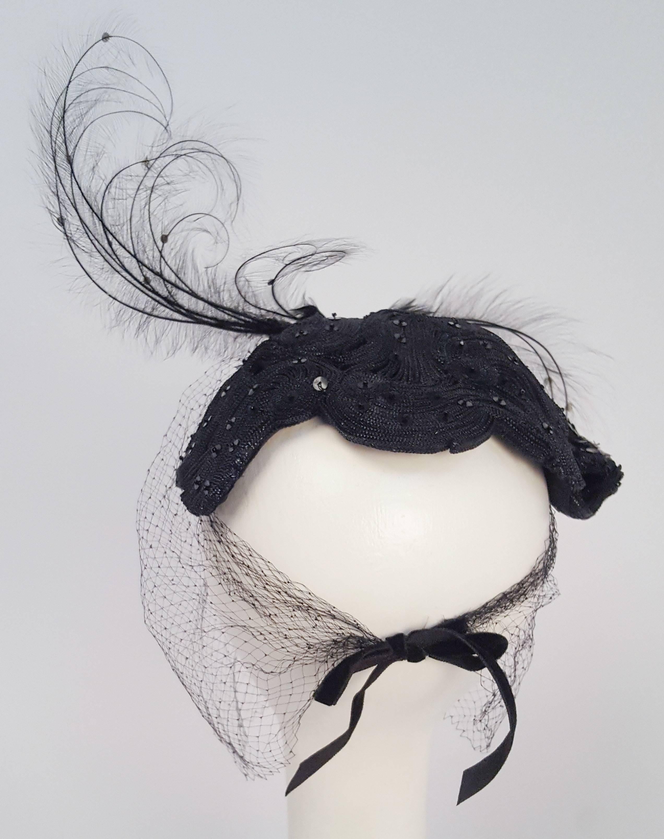 Women's 1950s Extravagant Bead and Feather Cocktail Hat