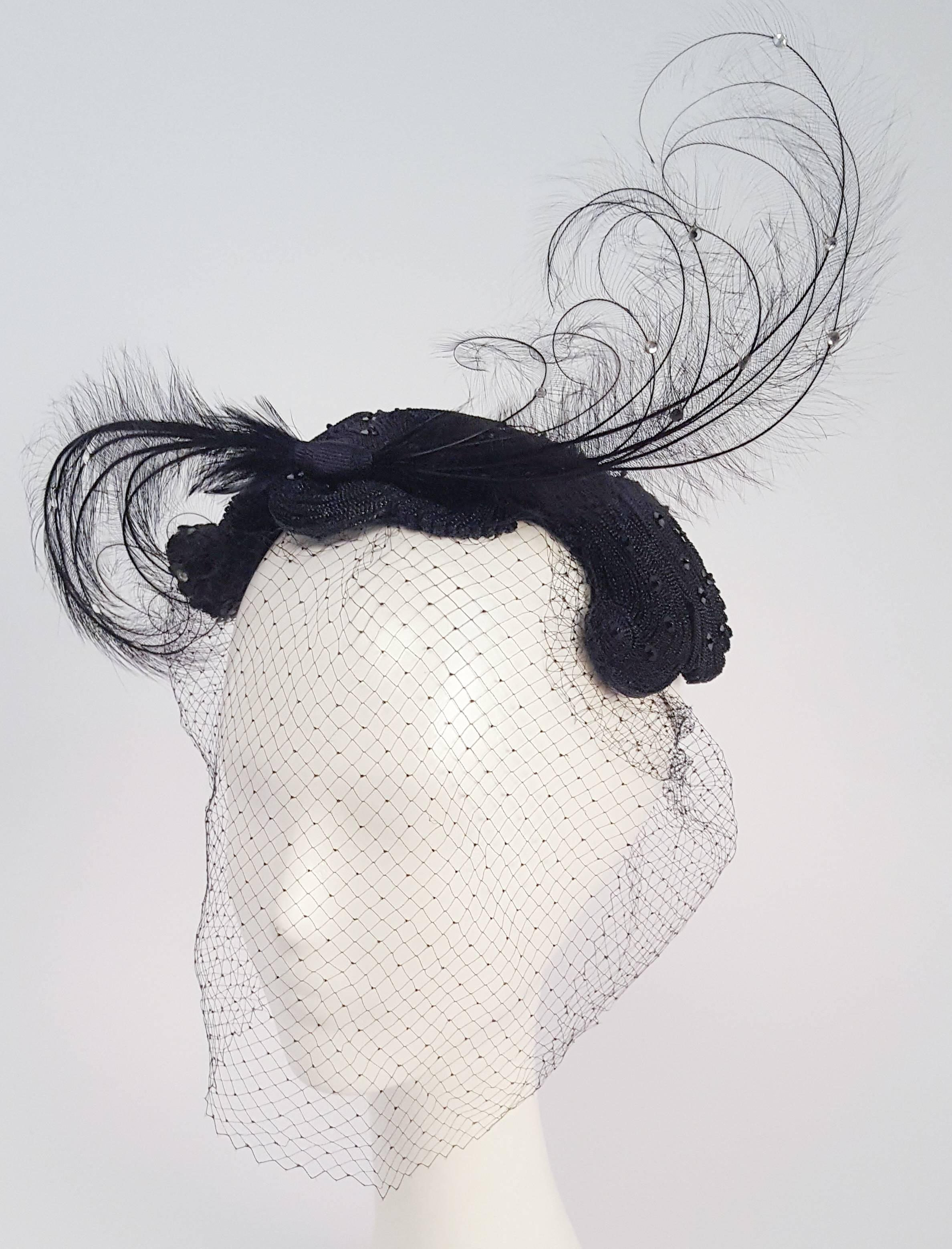 Gray 1950s Extravagant Bead and Feather Cocktail Hat