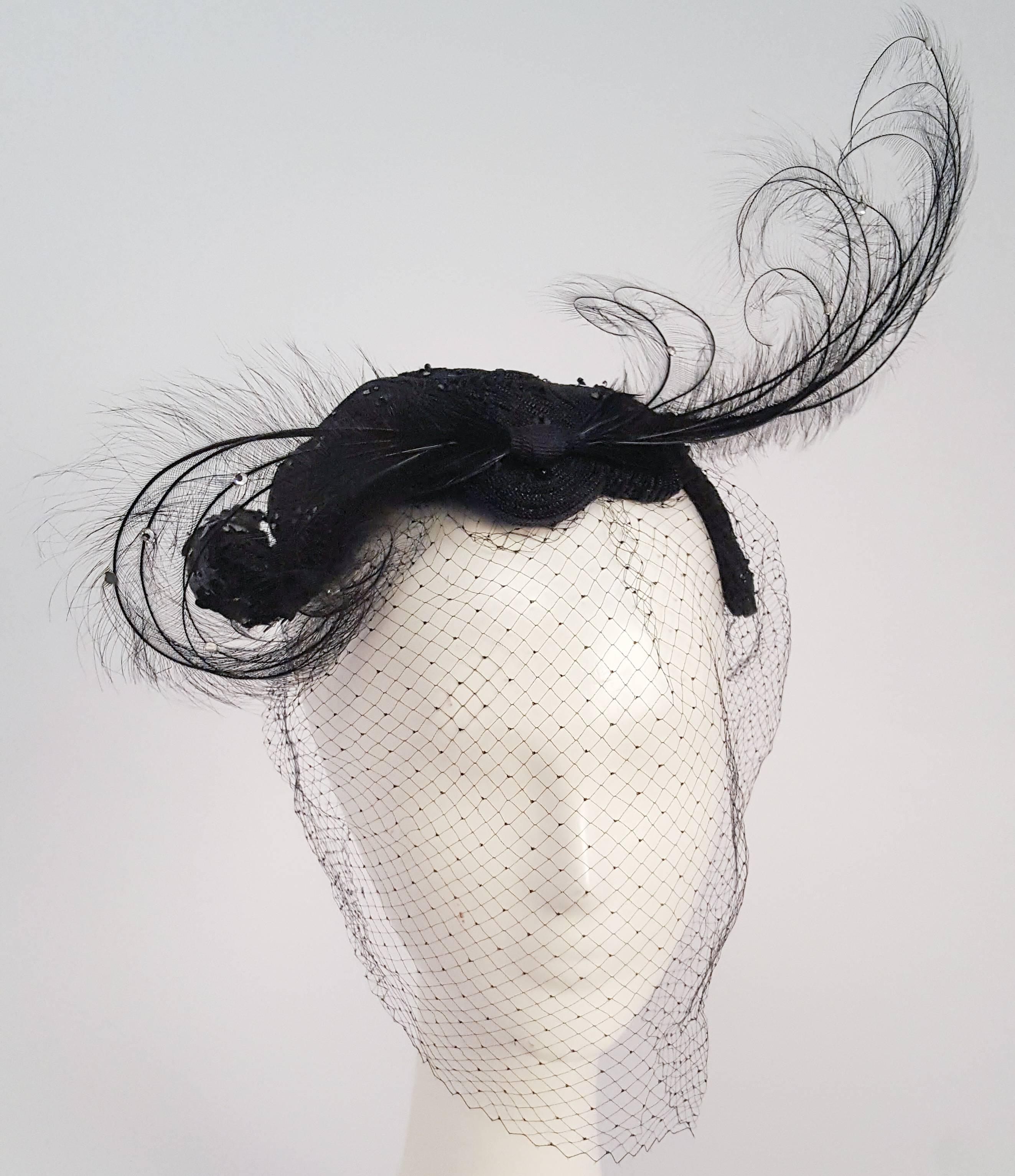 1950s Extravagant Bead and Feather Cocktail Hat. 