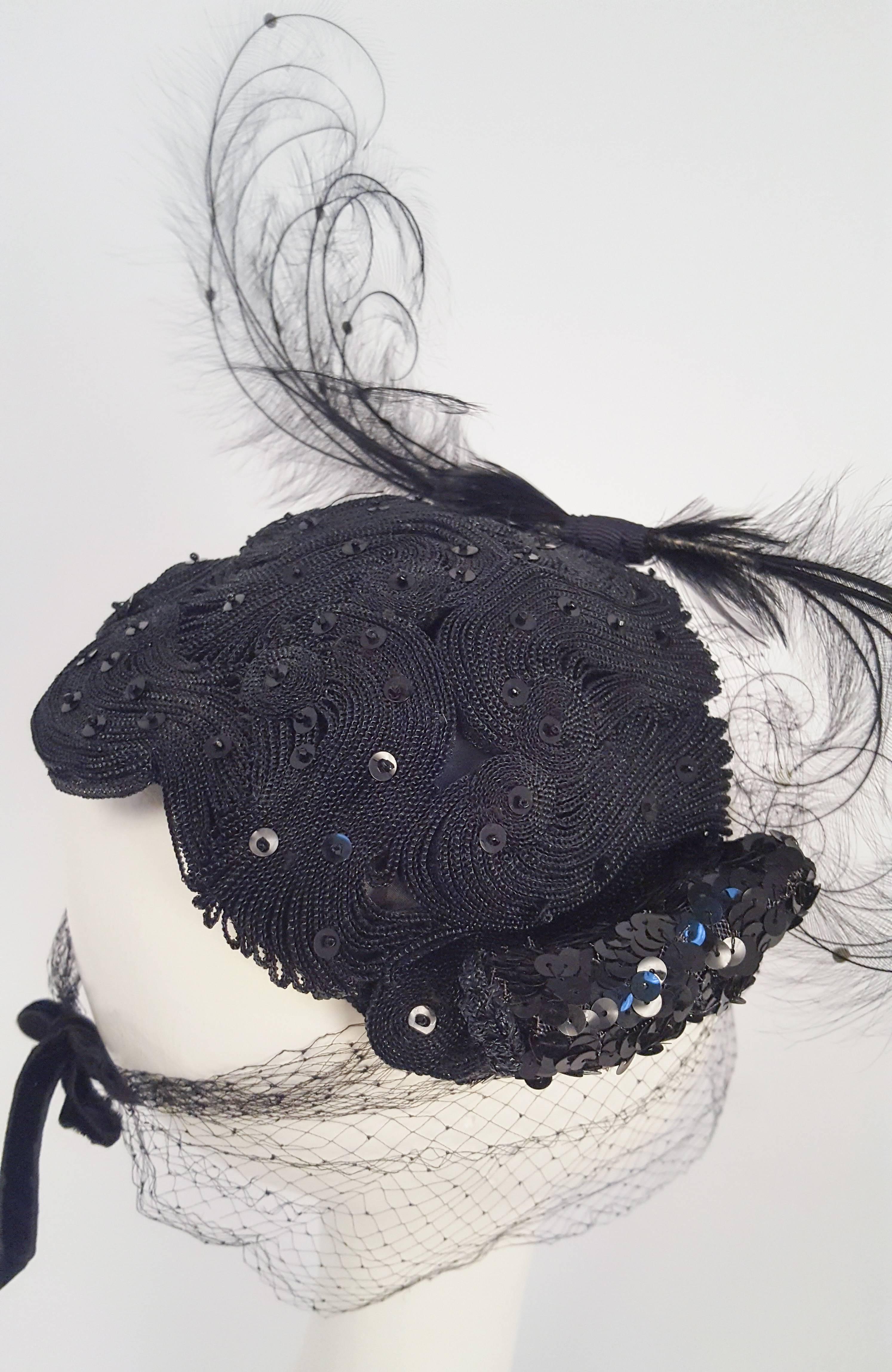 1950s Extravagant Bead and Feather Cocktail Hat 1