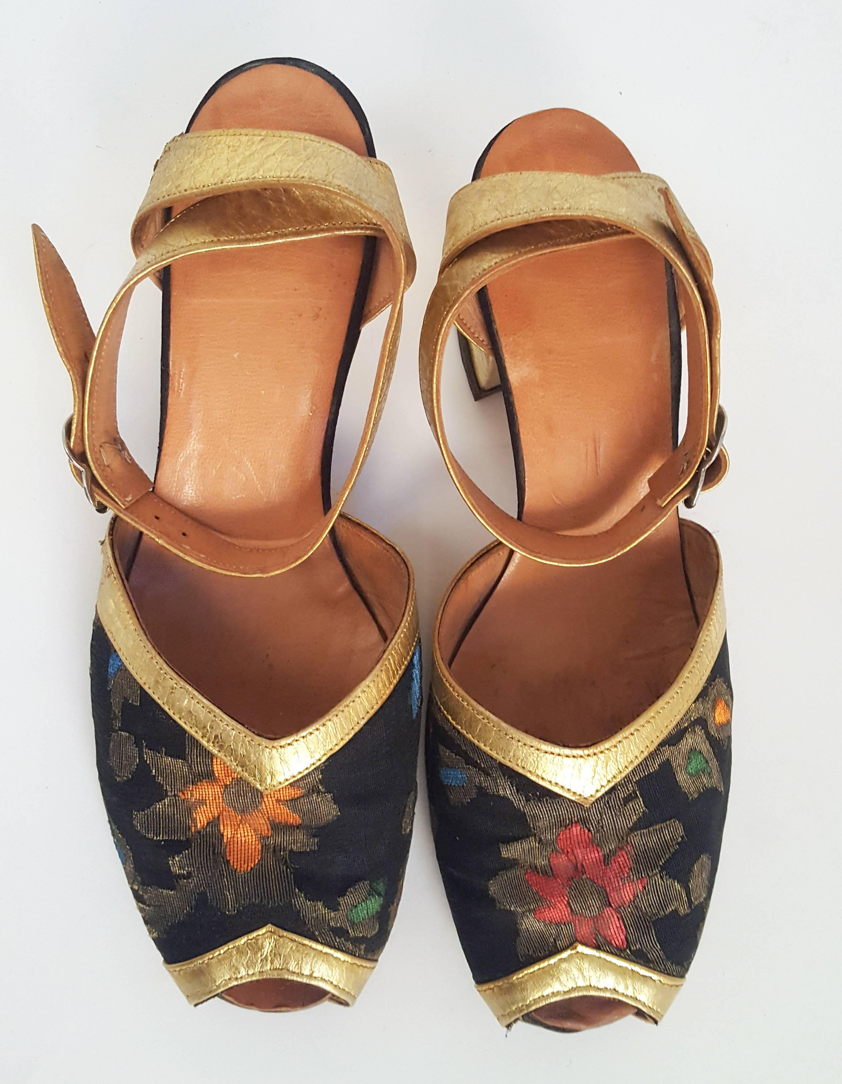 Brown 1930s Gold and Brocade Sandals 