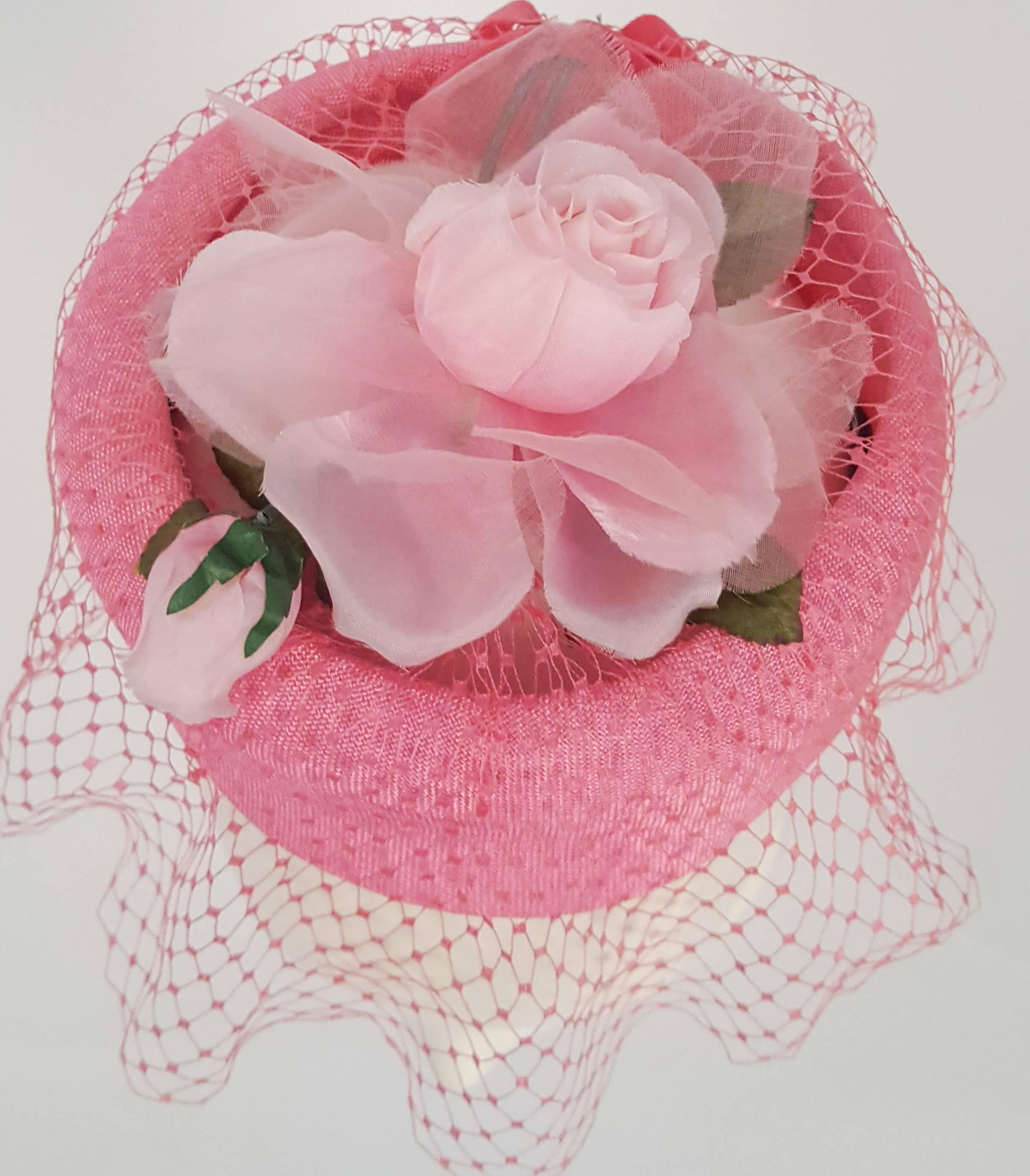 1960s Circlet Hat w/ Veil. Rose and velvet ribbon embellishment. 