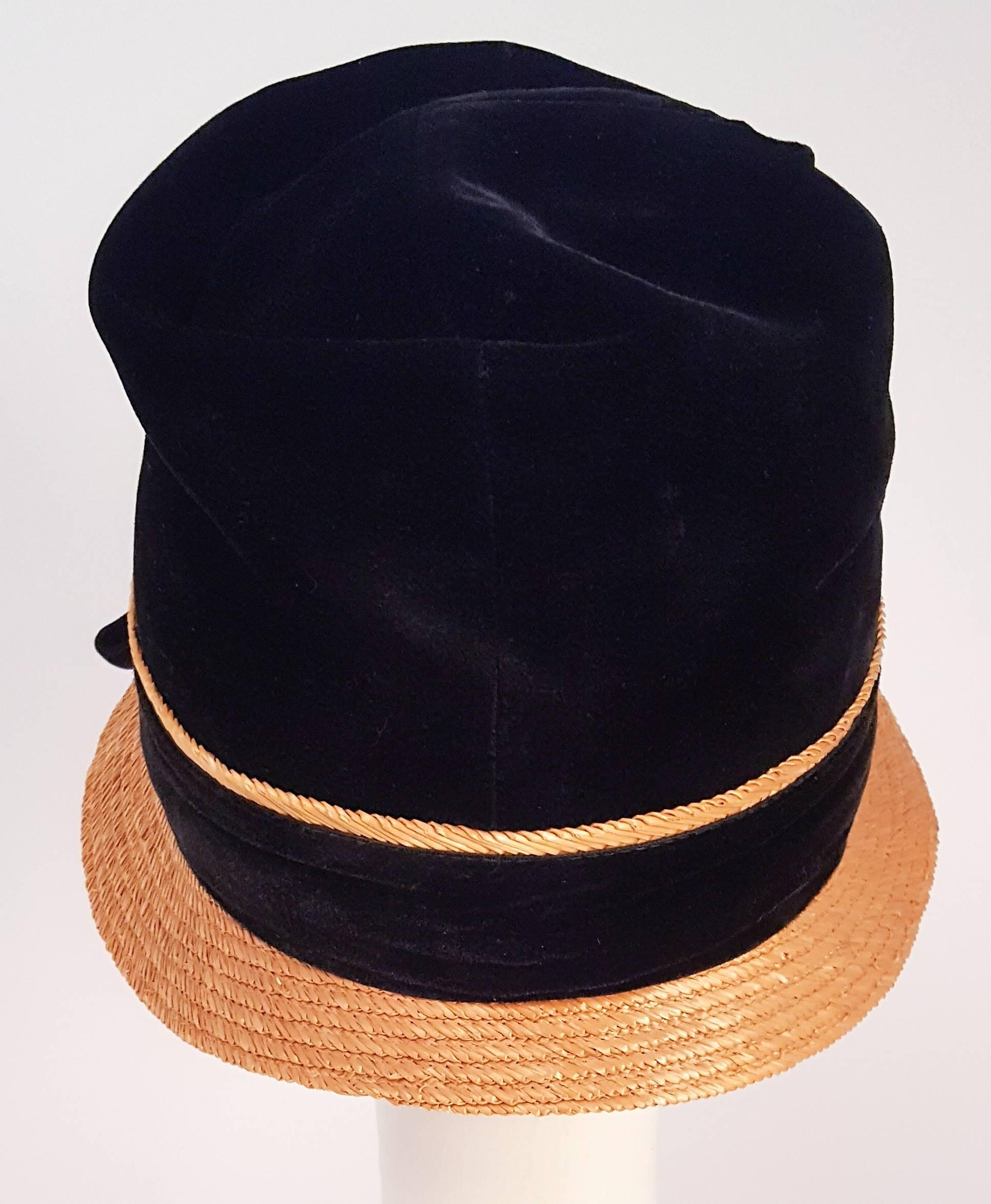 Beige 1960s Mr. John Jr. Velvet and Straw Mod Hat