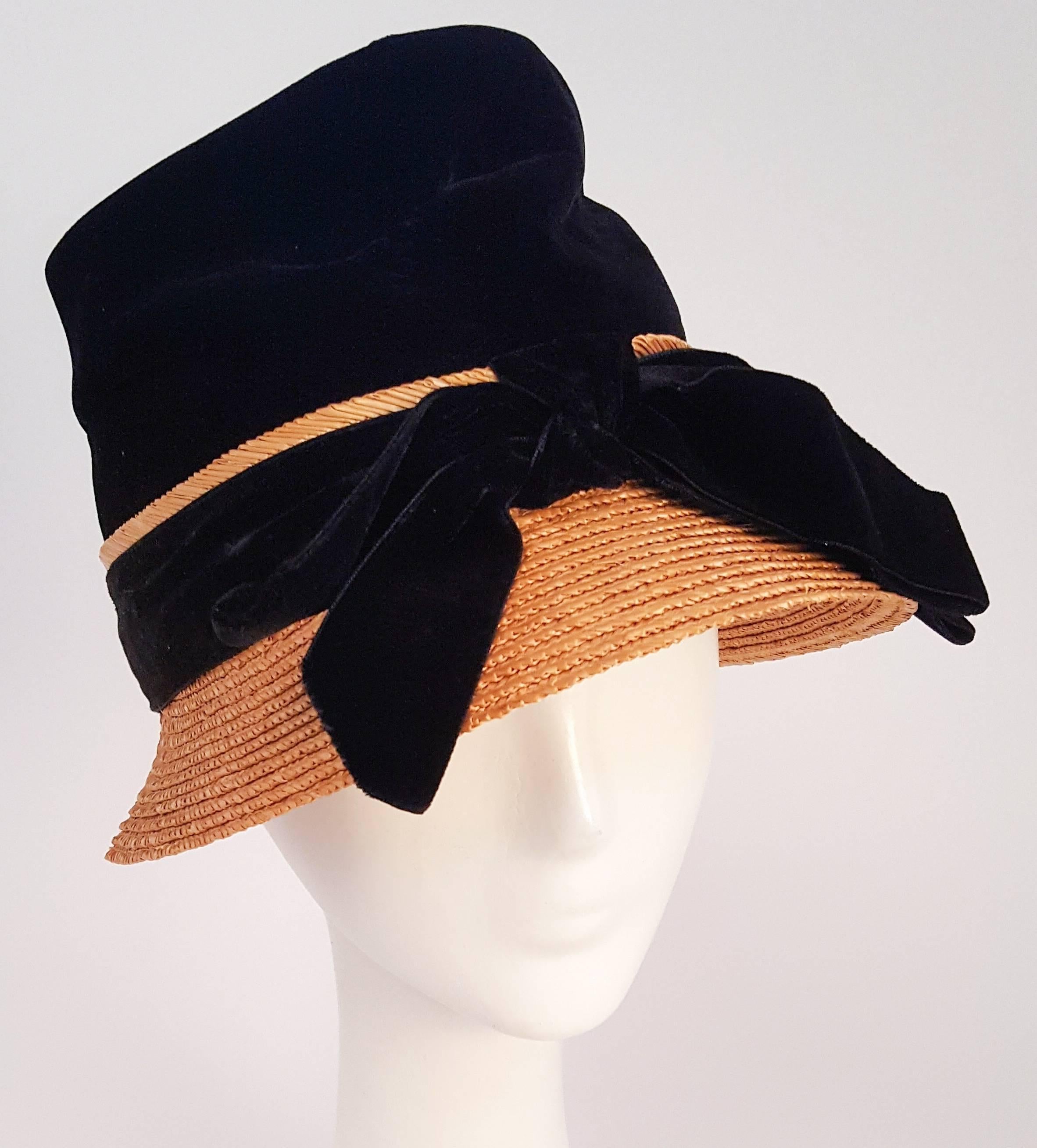 1960s Mr. John Jr. Velvet and Straw Mod Hat In Excellent Condition In San Francisco, CA