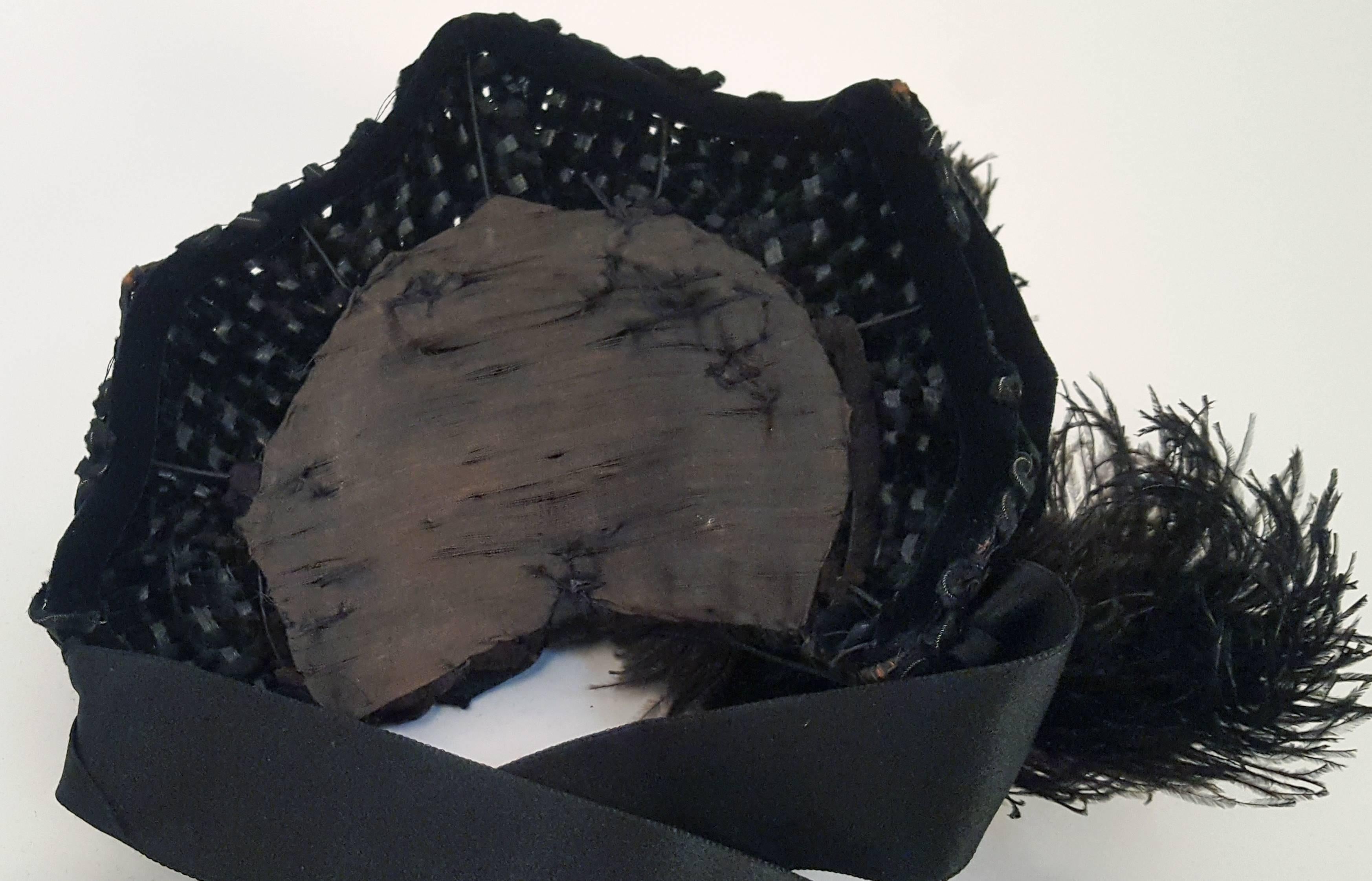 Victorian Black Bonnet w/ Feathers & Beads 2
