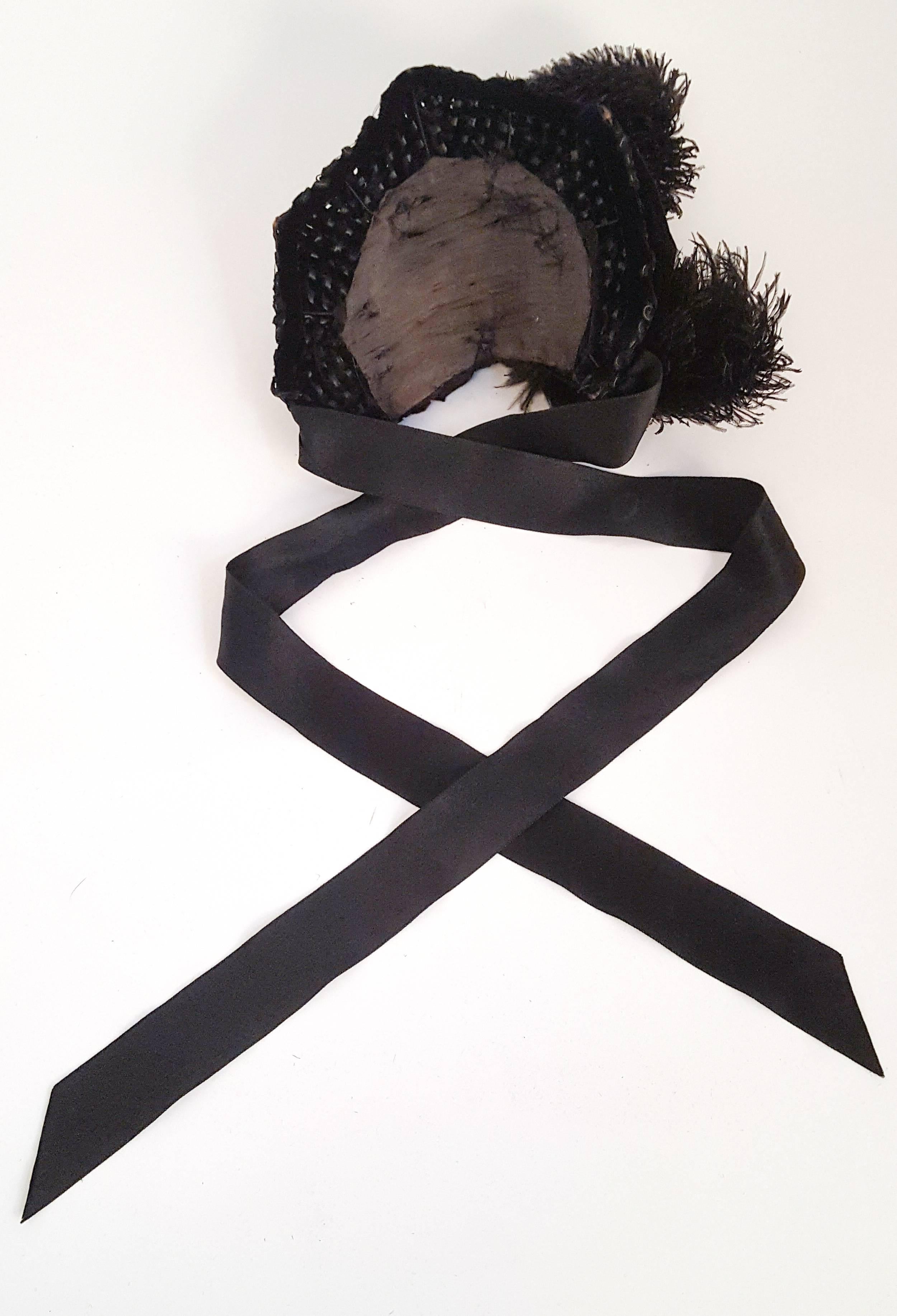 Victorian Black Bonnet w/ Feathers & Beads 1