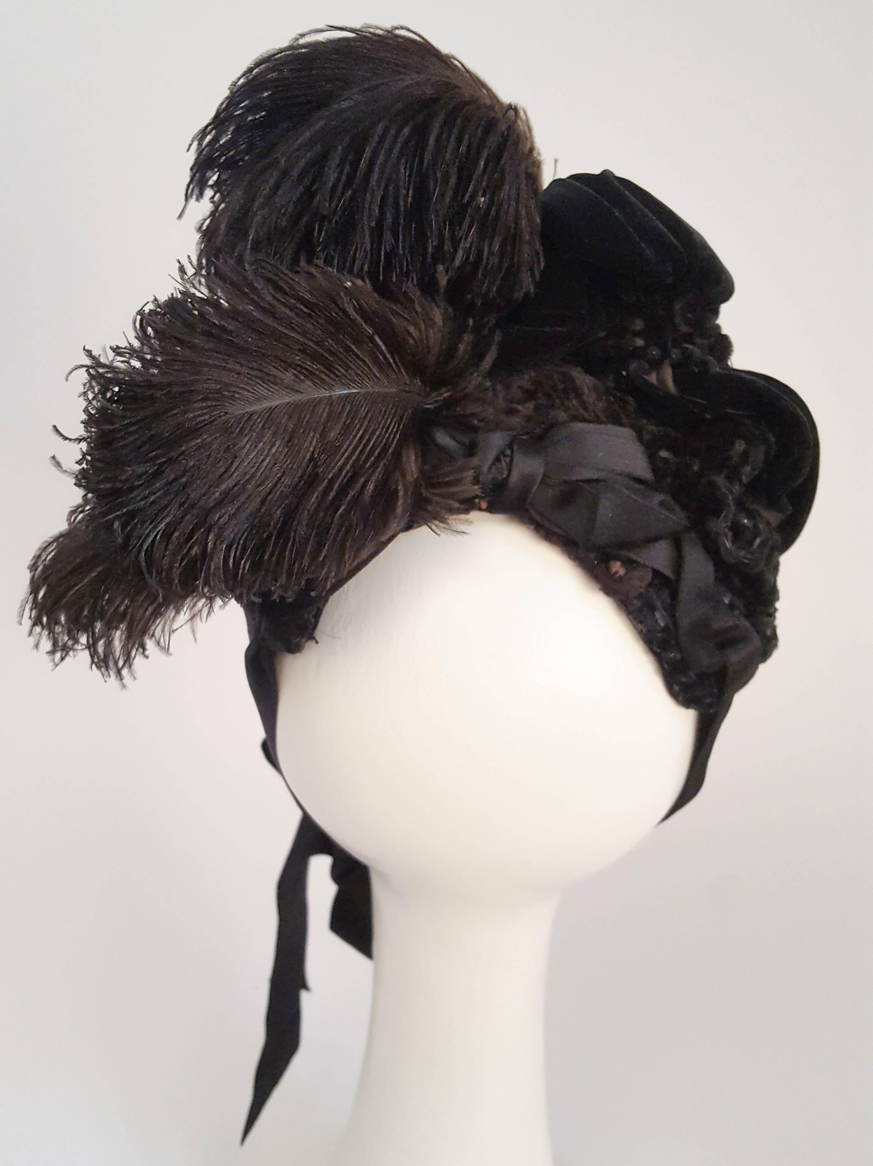 Victorian Black Bonnet w/ Feathers & Beads In Excellent Condition In San Francisco, CA