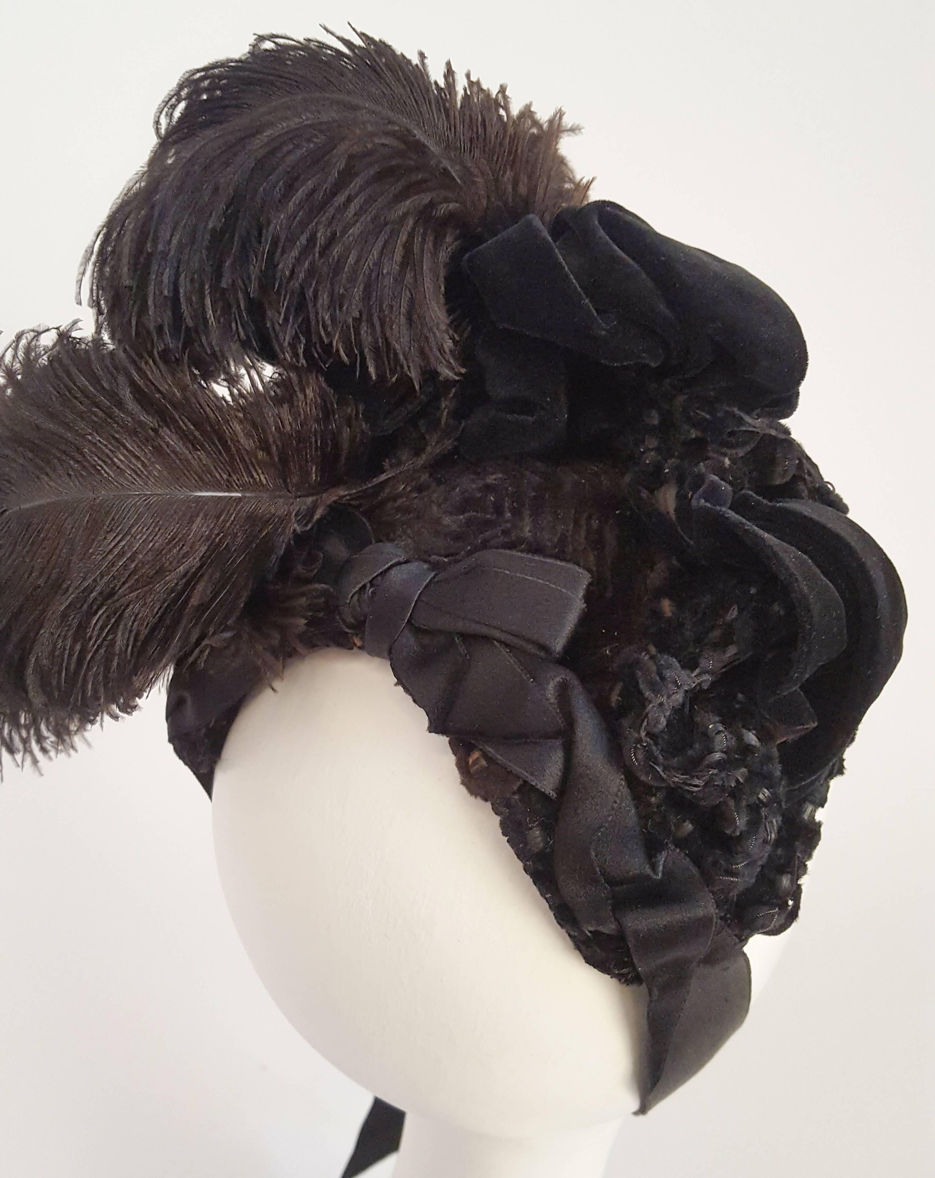 Women's Victorian Black Bonnet w/ Feathers & Beads