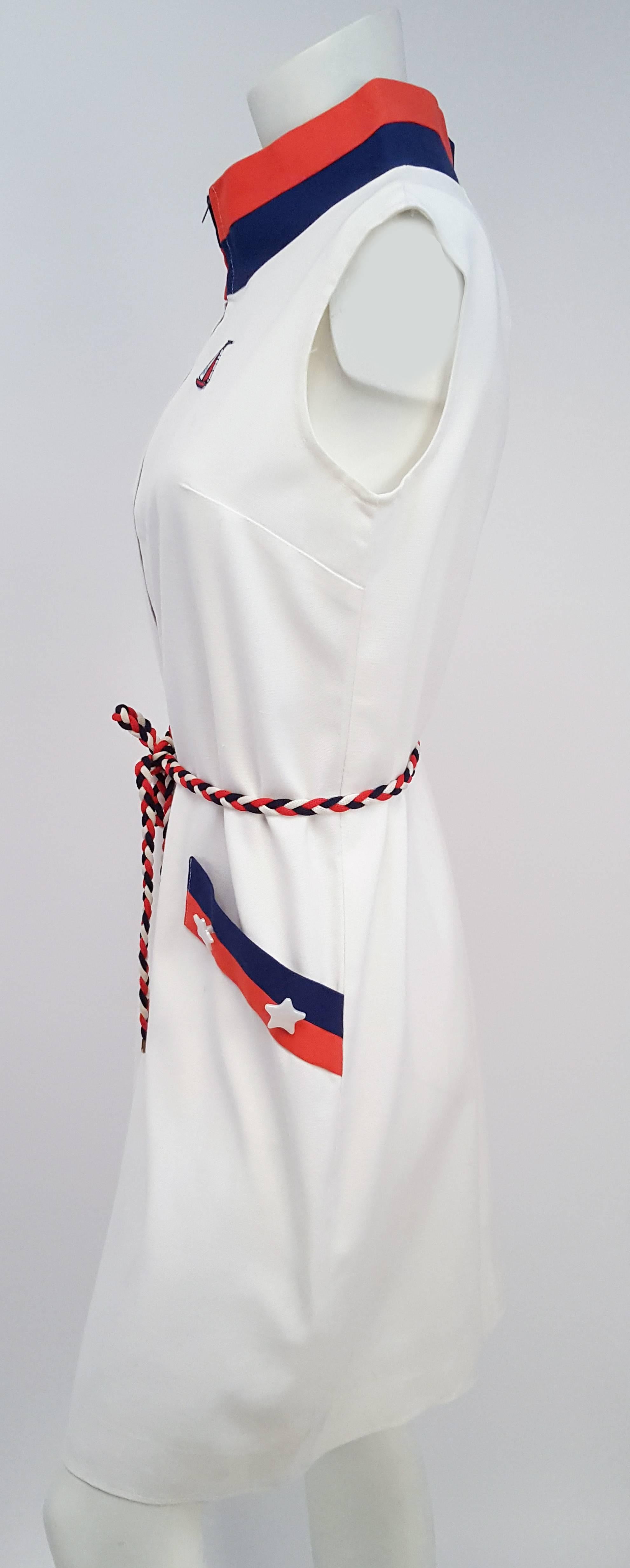1960s Sailor Red, White, & Blue Mod Dress. Front zip closure. Tricolor braided belt. Unlined.