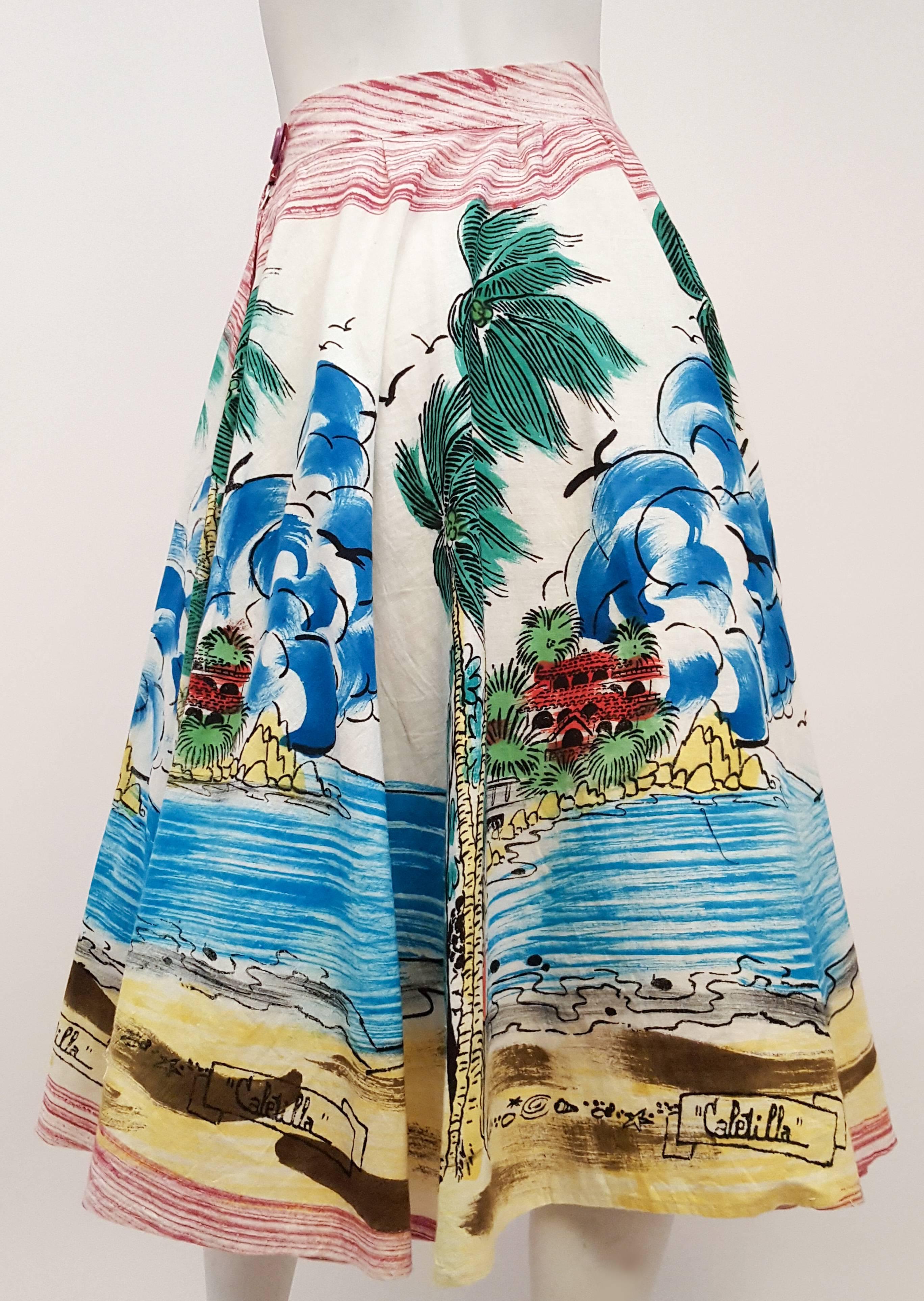 1950s Hand Painted Mexican Souvenir Skirt. Metal side zipper and button closure. 