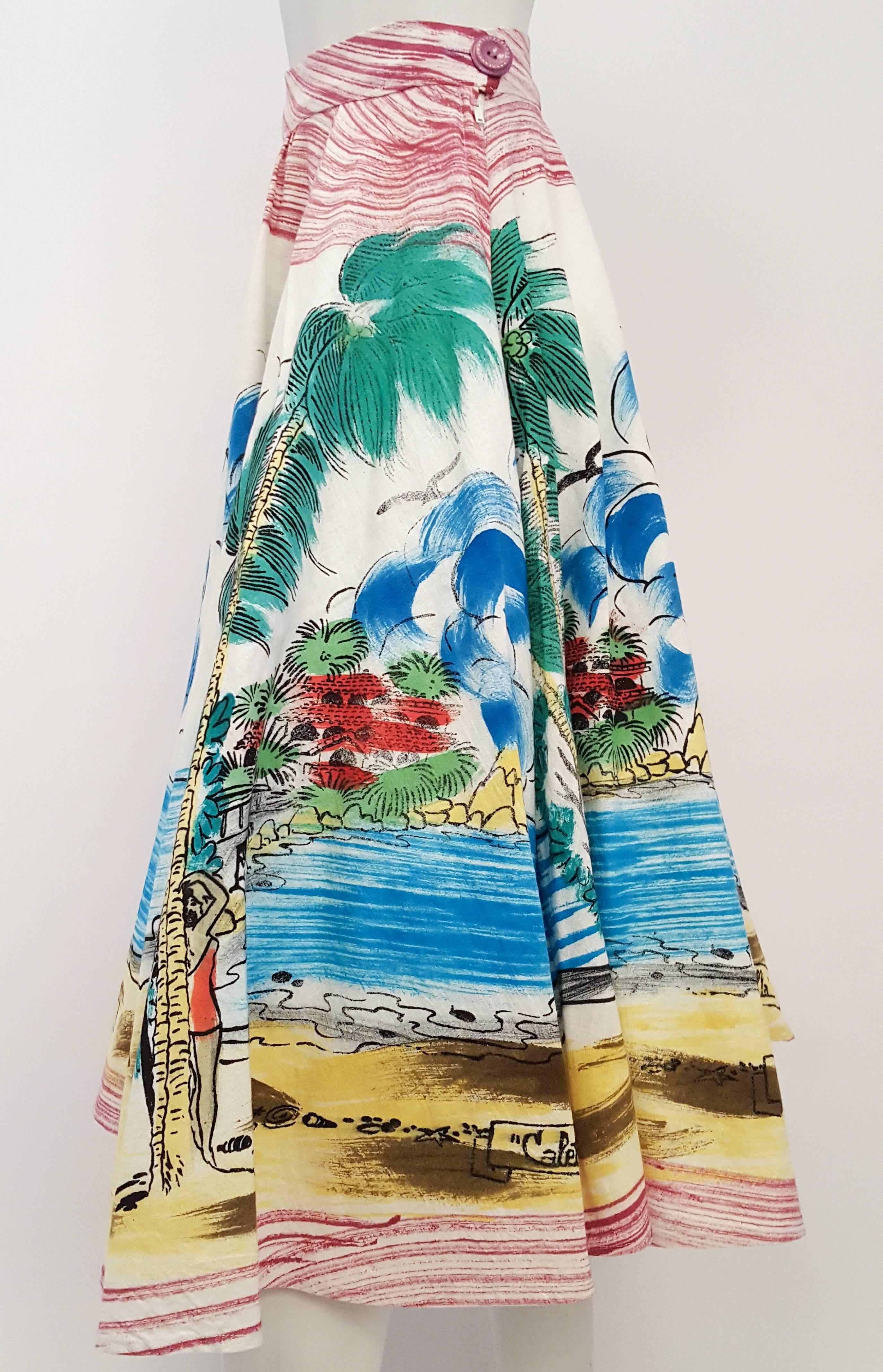 Beige 1950s Hand Painted Mexican Souvenir Skirt