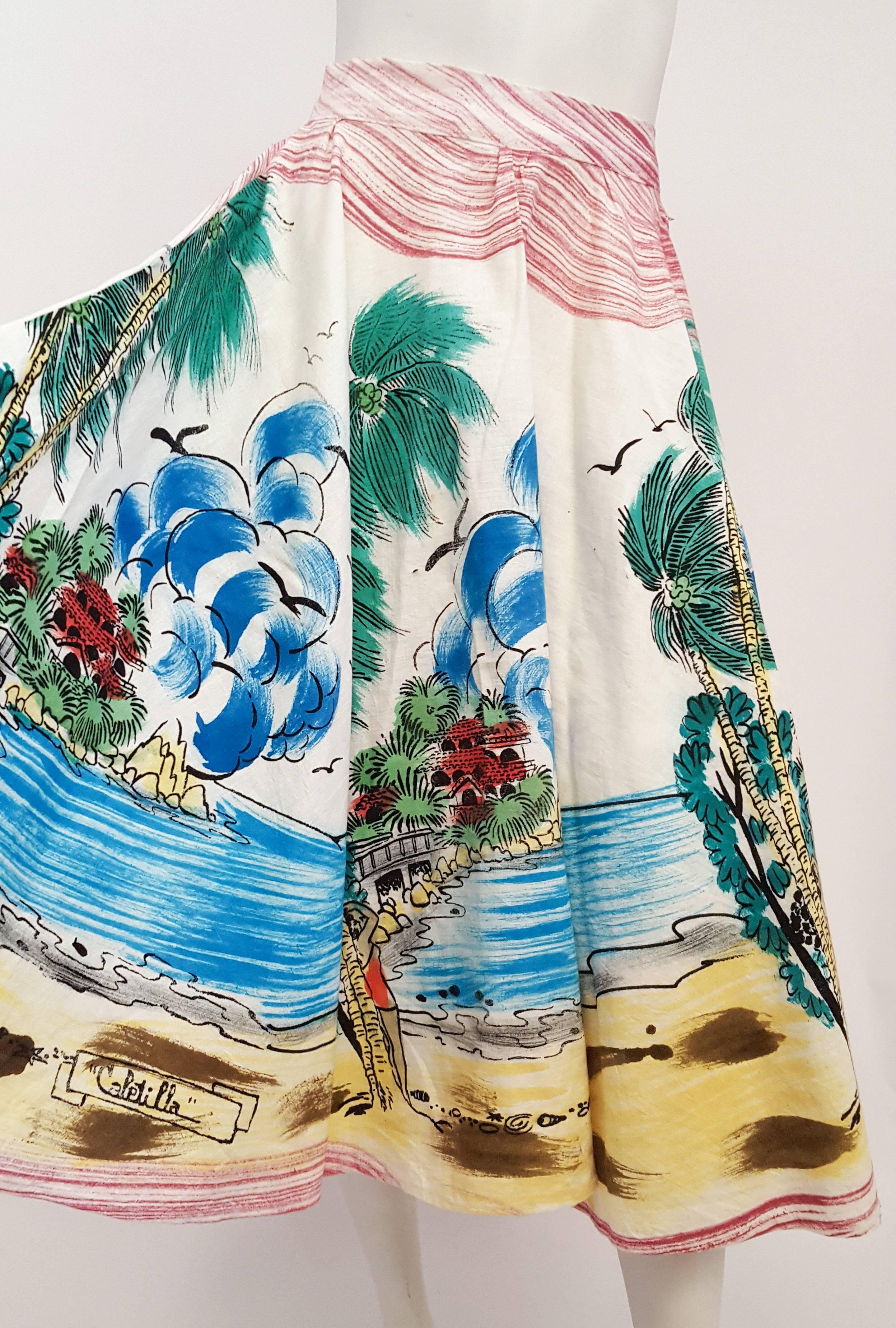 1950s Hand Painted Mexican Souvenir Skirt In Excellent Condition In San Francisco, CA