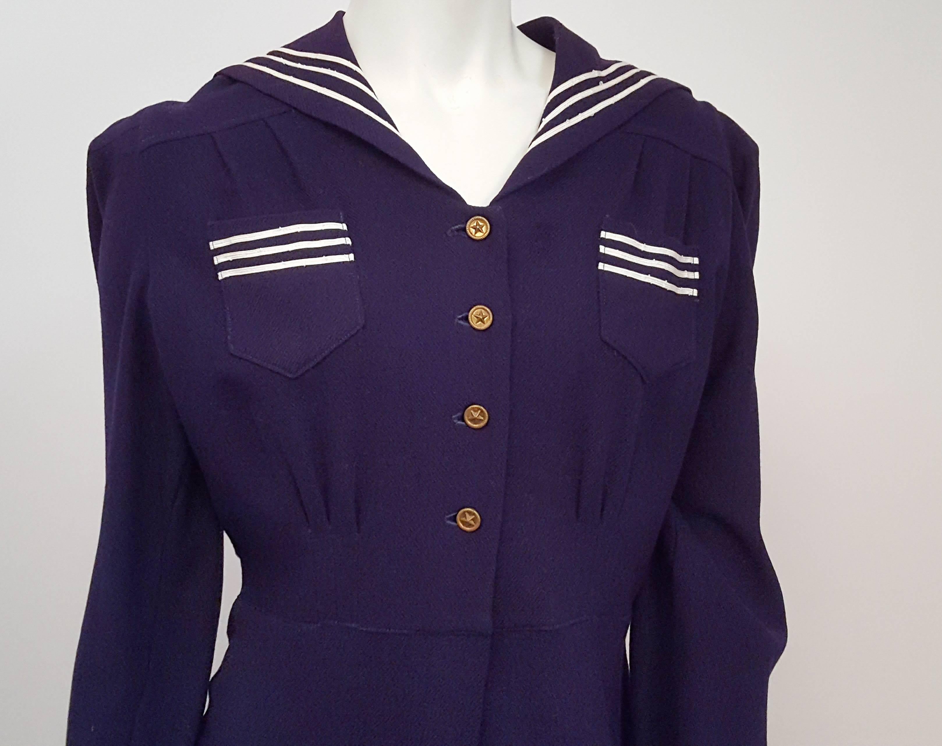 1930s Navy Sailor Dress. 100% wool. 