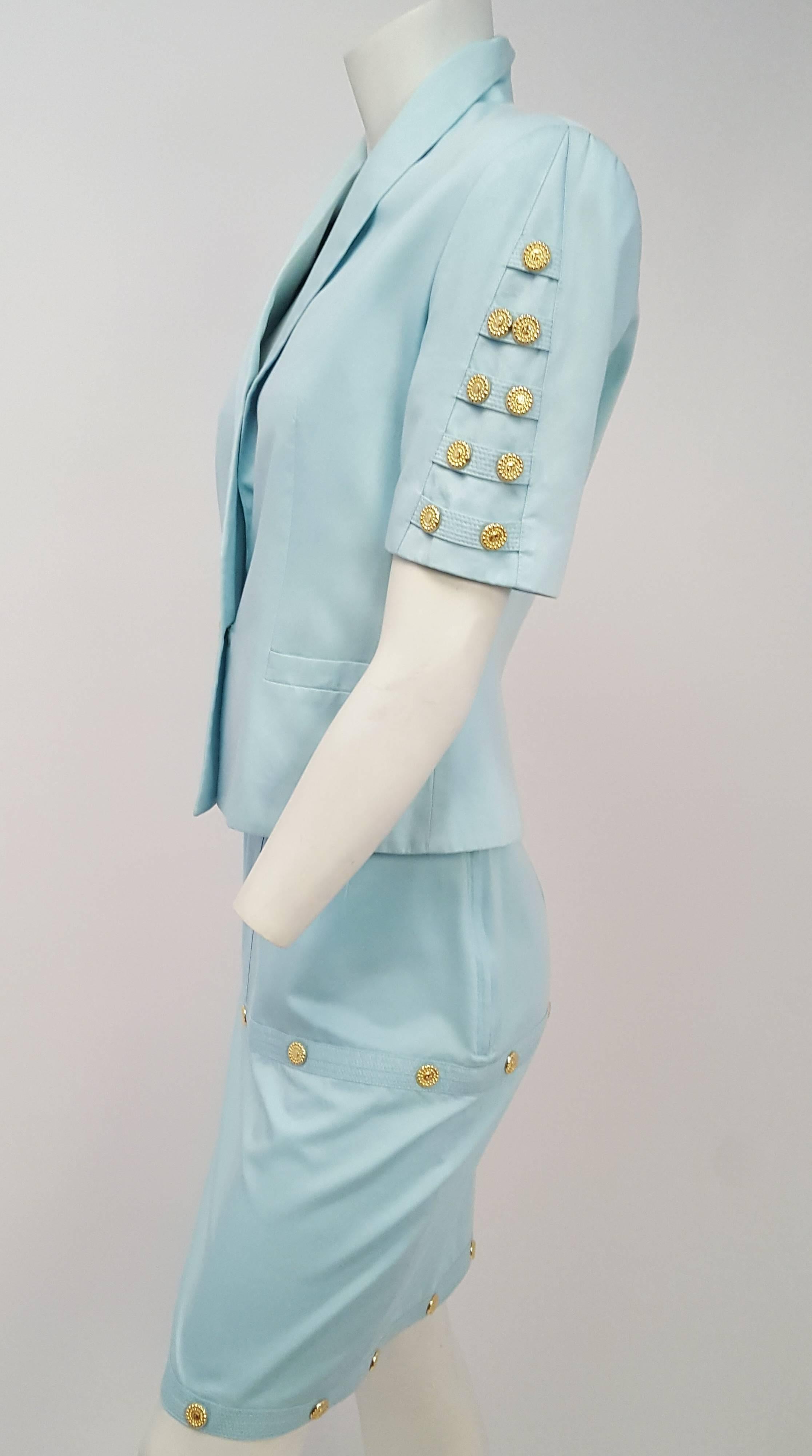 90s Versace Jeans Couture Sky Blue Medallion Detail Blazer & Skirt Set. 