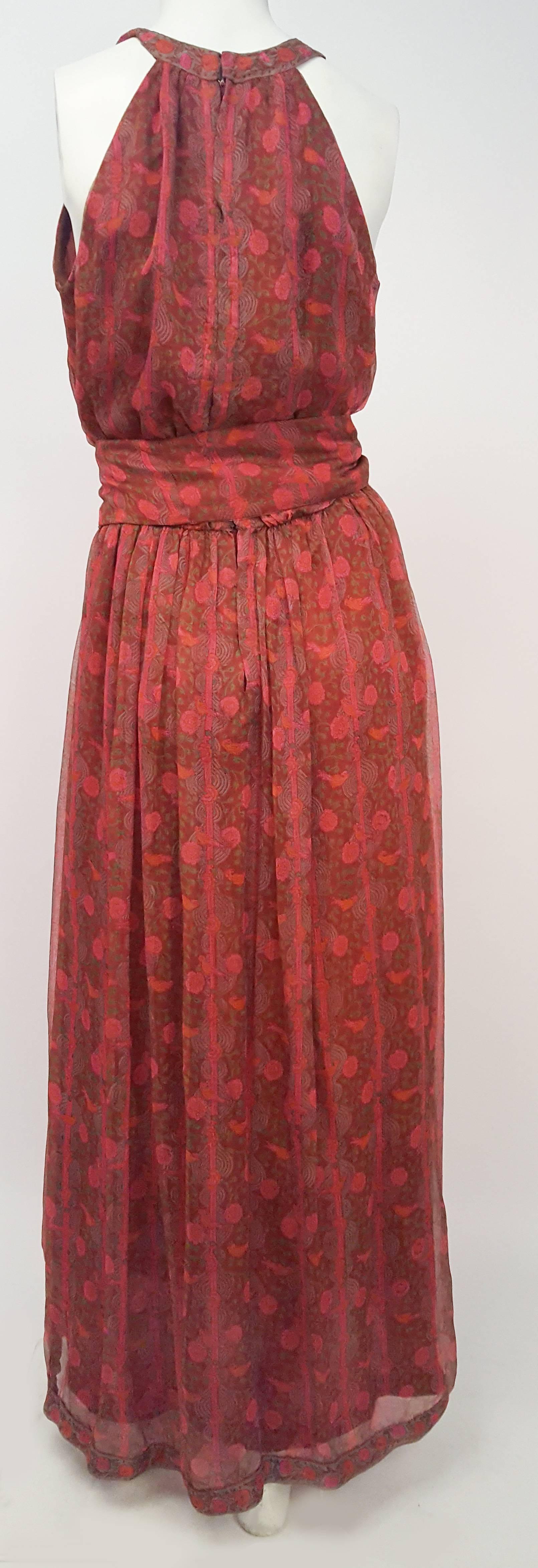 1970s Traecy Lowe Silk Chiffon Paisley Print Maxi Dress. Back zip and hook and eye closure.