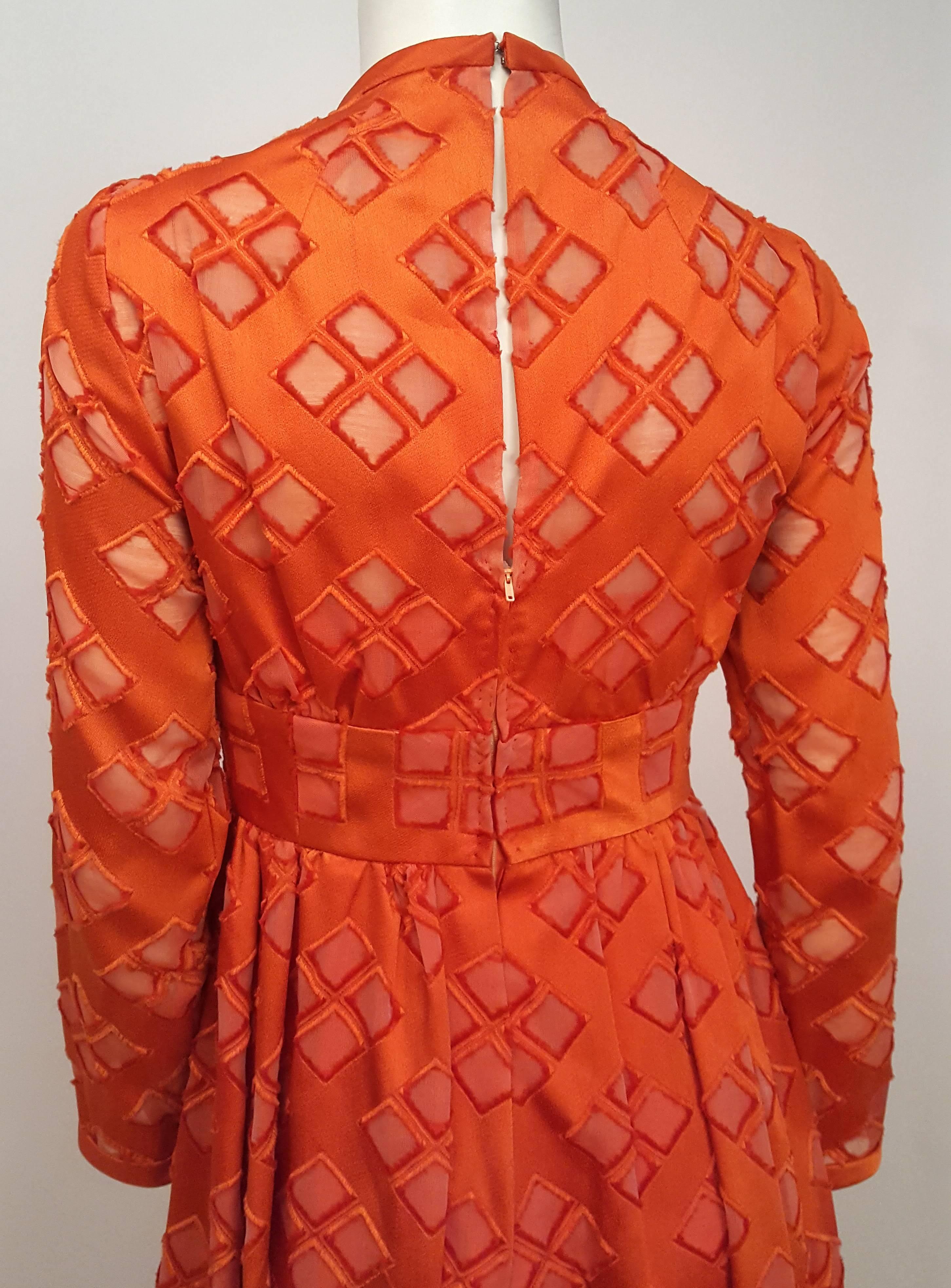 70s Malcolm Starr Orange Cutout Illusion Mesh Dress In Excellent Condition In San Francisco, CA