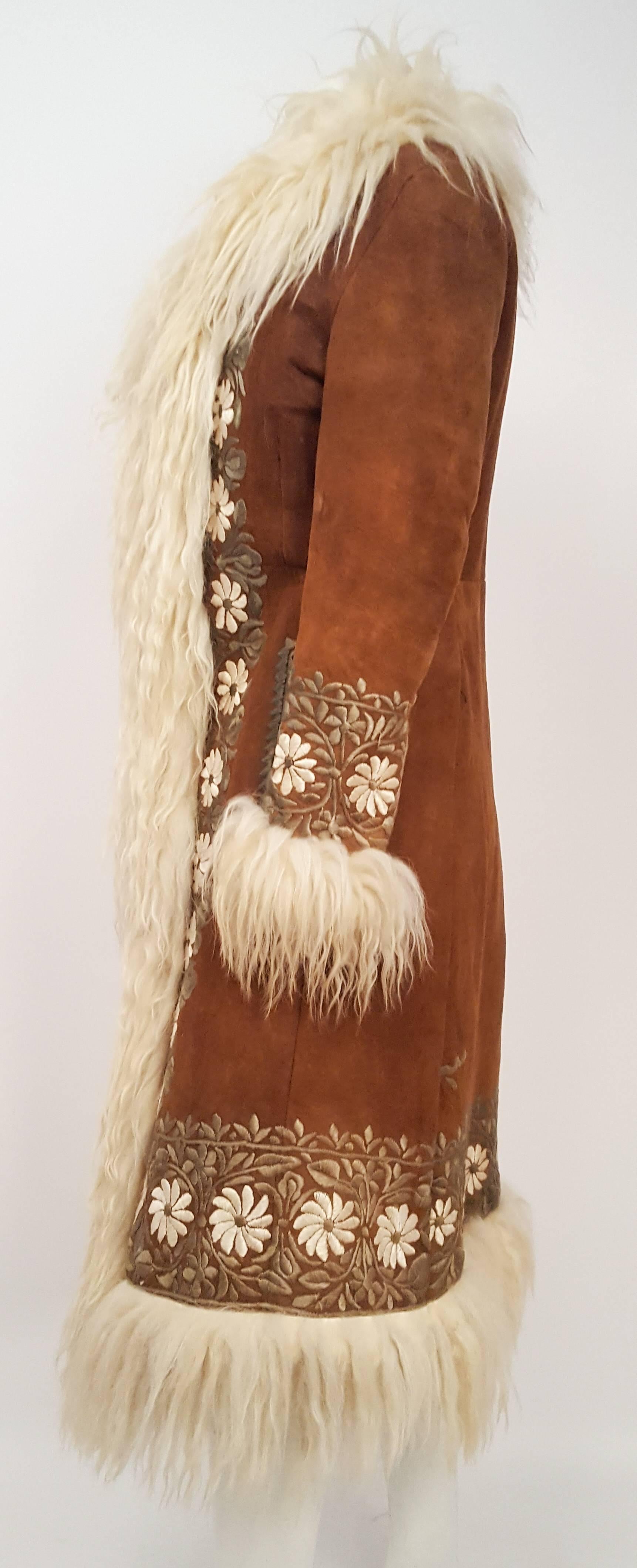 60s Summer of Mongolian Sheep Trimmed Suede Embroidered Coat. Fur lining.