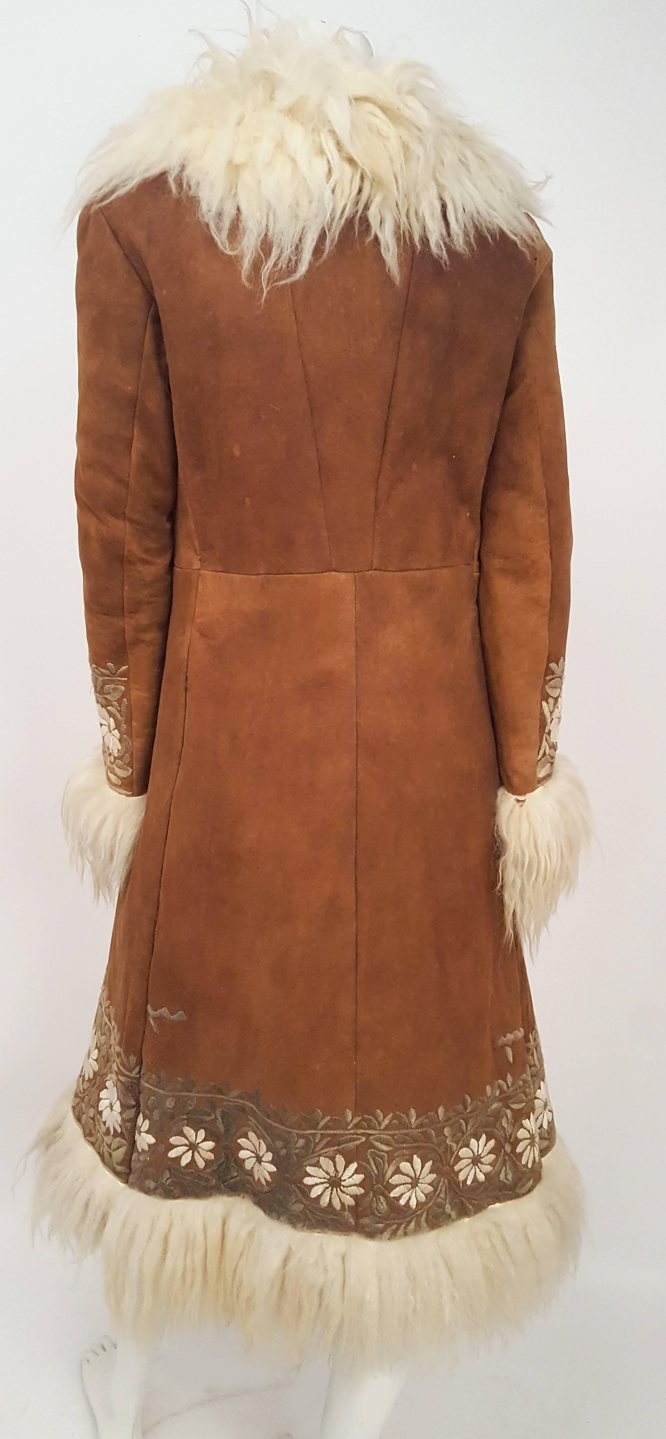 Beige 60s Summer of Love Mongolian Sheep Trimmed Suede Embroidered Coat