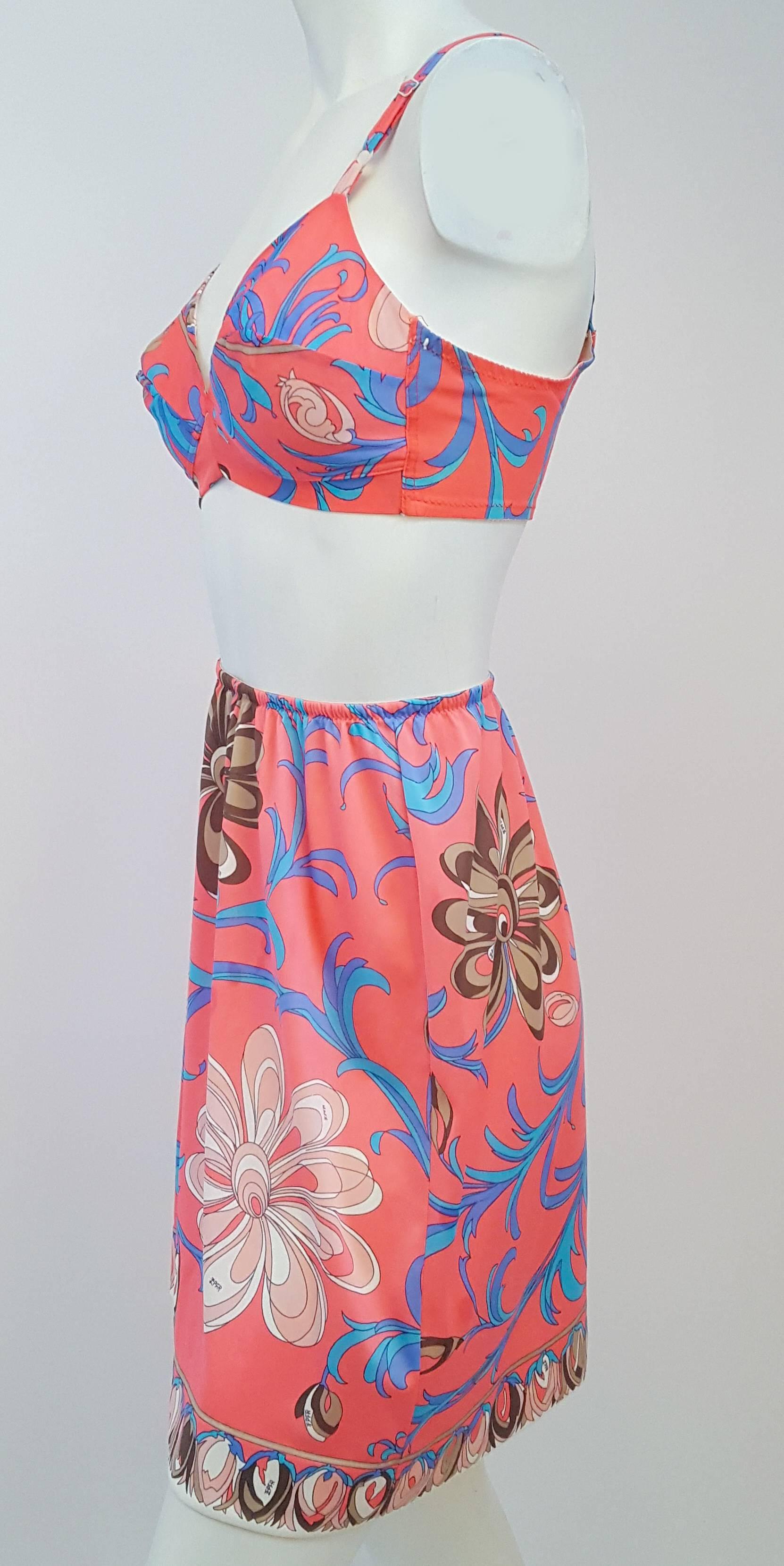 1960s Emilio Pucci Printed 3 Piece Lingerie Set. Set consists of bra, half slip, and shorts. Bra size 36B. Size small. 