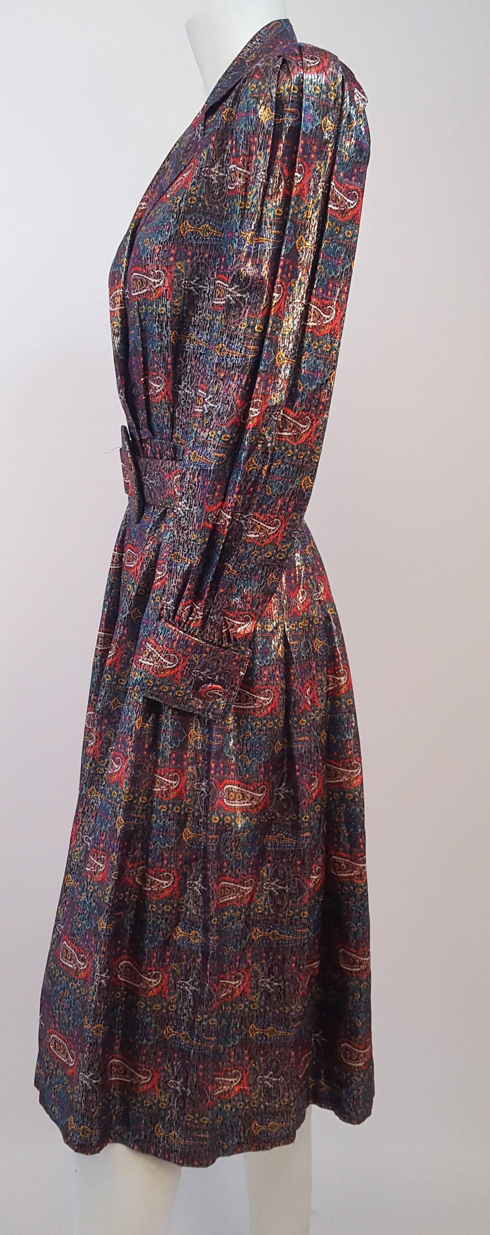 80s Adele Simpson Metallic Paisley Dress. Matching belt. Snap from closures. 