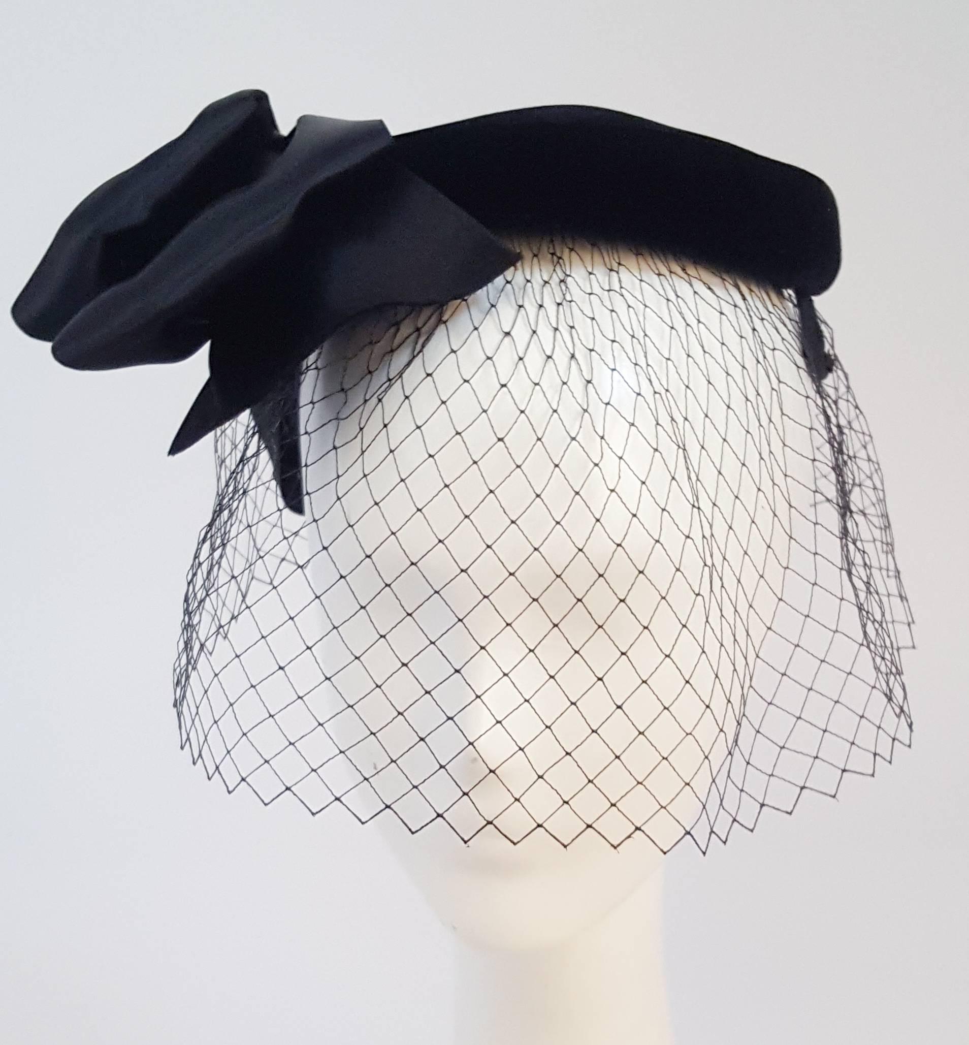 50s Black Velvet Hat w/ Veil & Satin Bow.