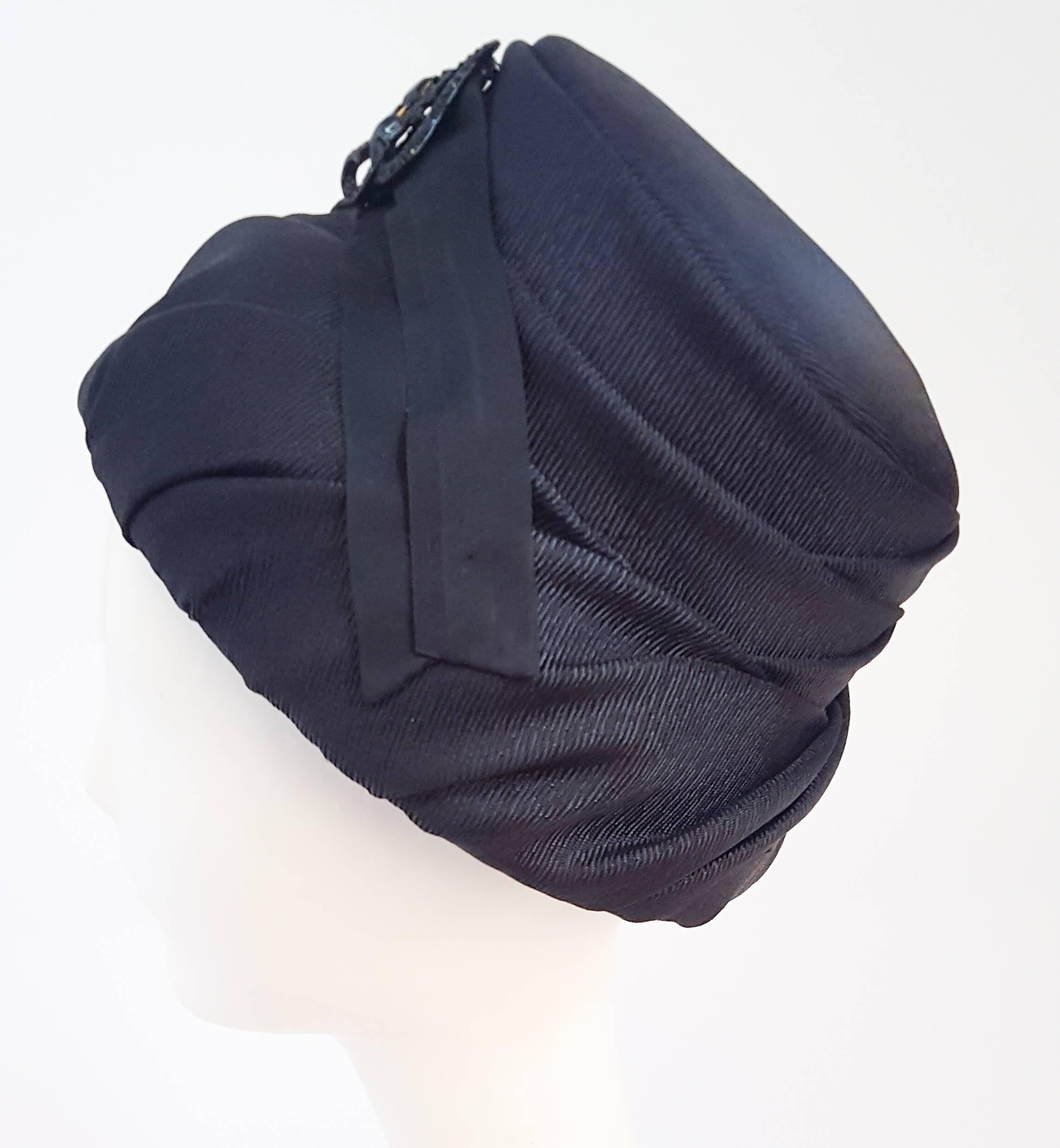 60s Mod Black Ruched Bucket Hat. Black rhinestone pin front detail. 