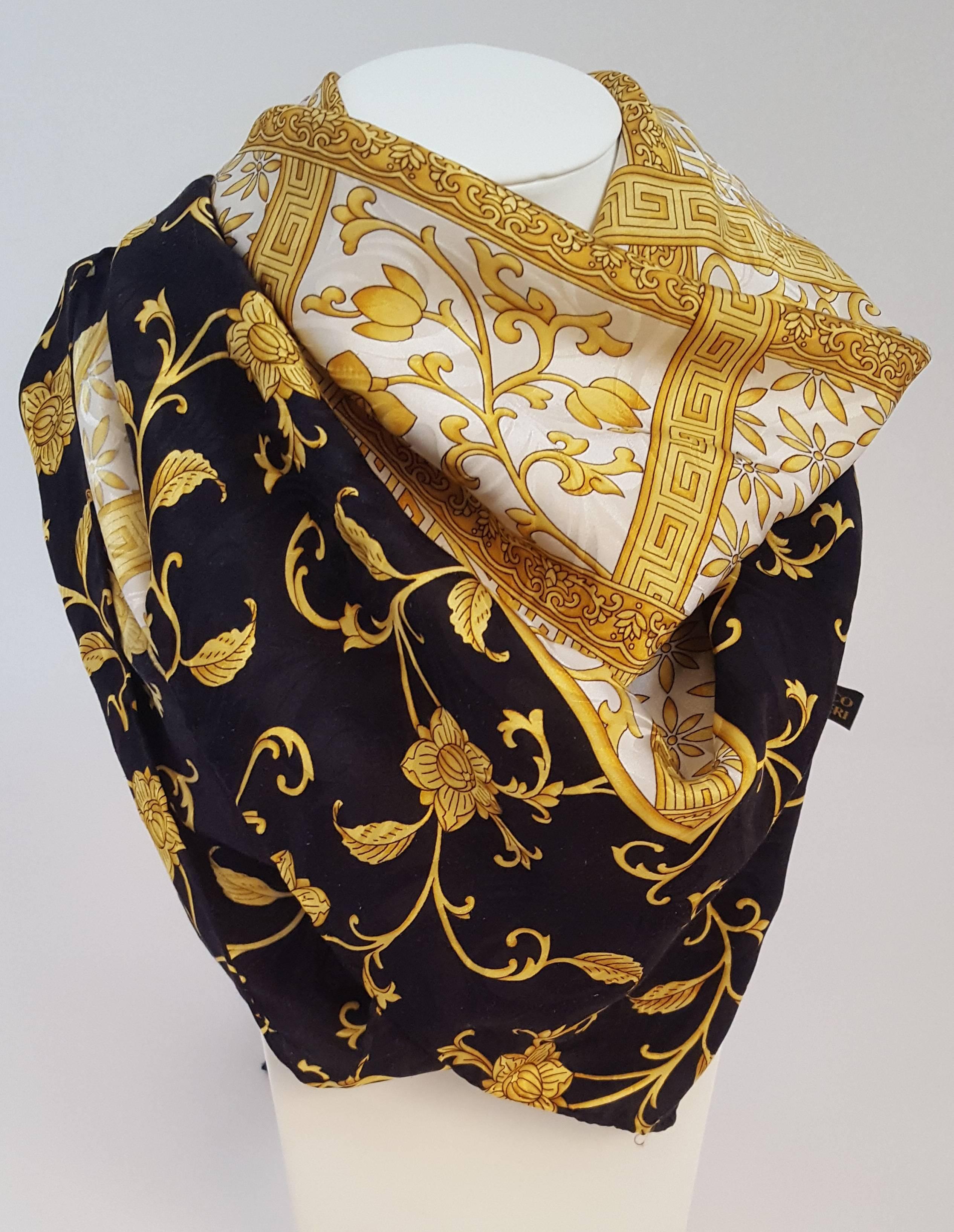 80s Enrico Coveri Silk Jacquard Printed Scarf. Classic gold and black design printed over swirled silk jacquard. Hand rolled.