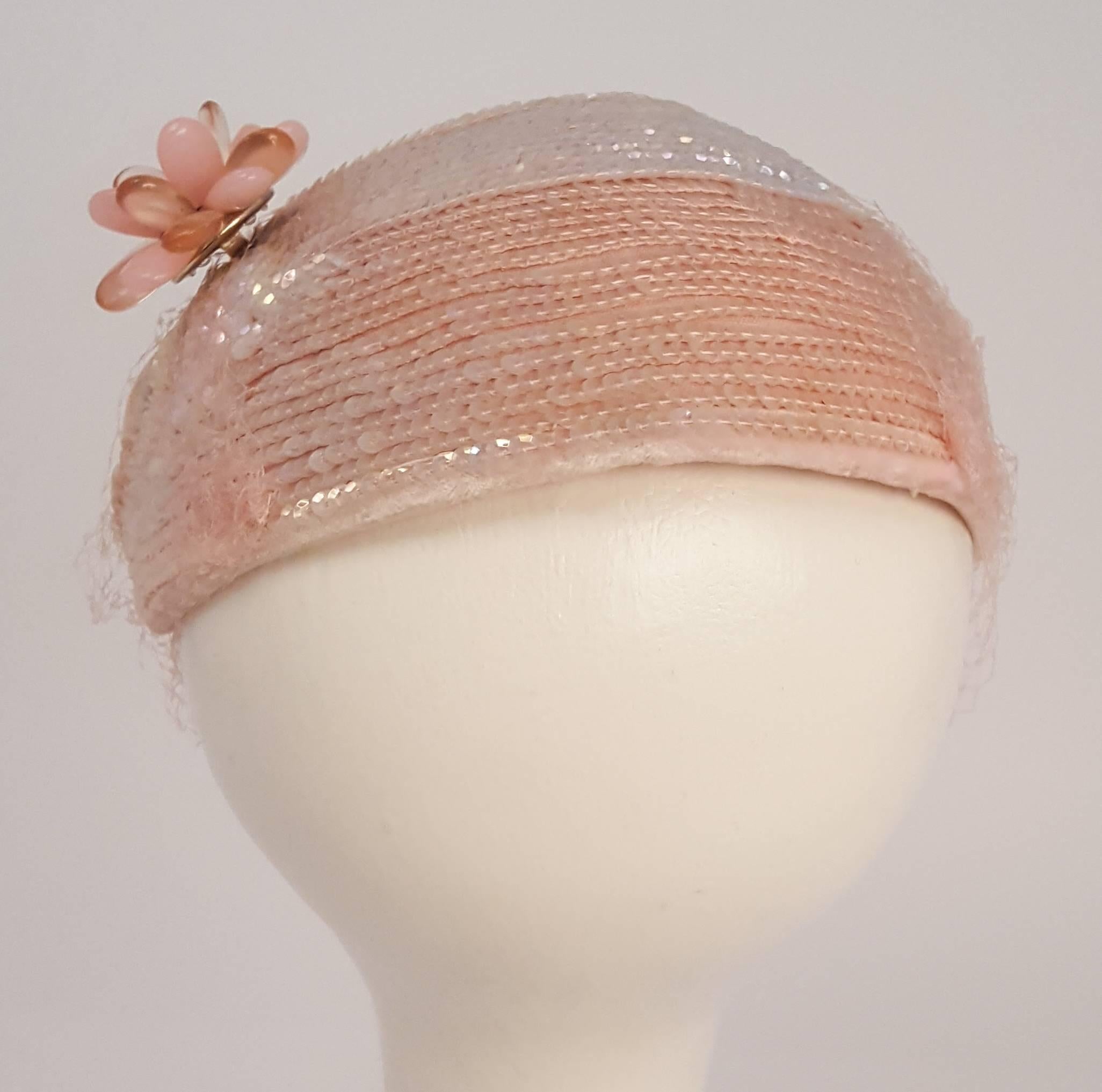 Beige 50s Iridescent Sequin Pink Hat w/ Veil & Flower For Sale