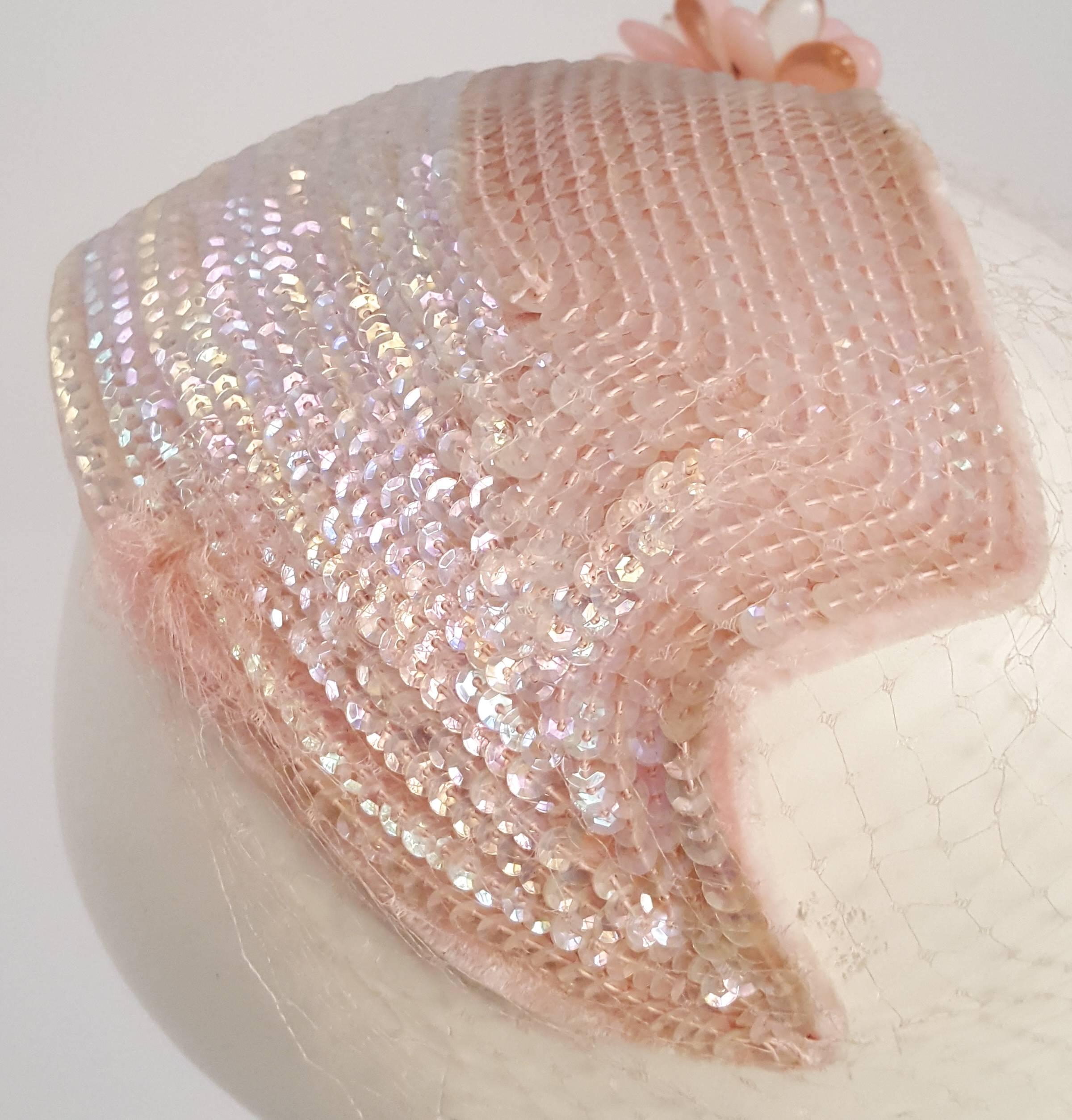 50s Iridescent Sequin Pink Hat w/ Veil & Flower In Excellent Condition For Sale In San Francisco, CA