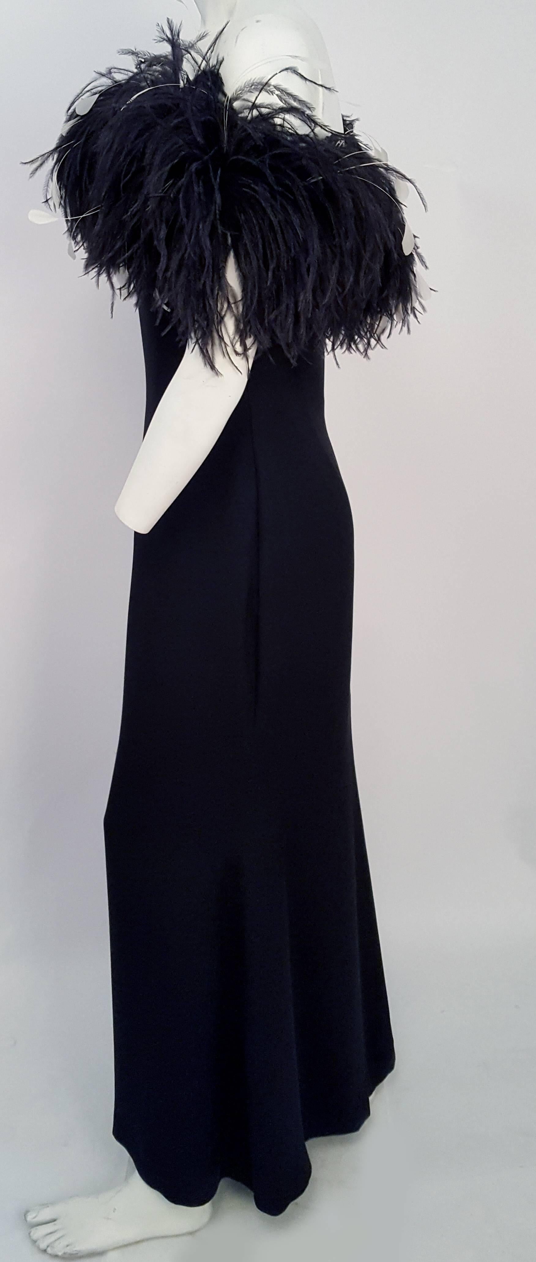 90s Yves Saint Laurent Off-Shoulder Feather Gown. Size zip closure. Off the shoulder straps.