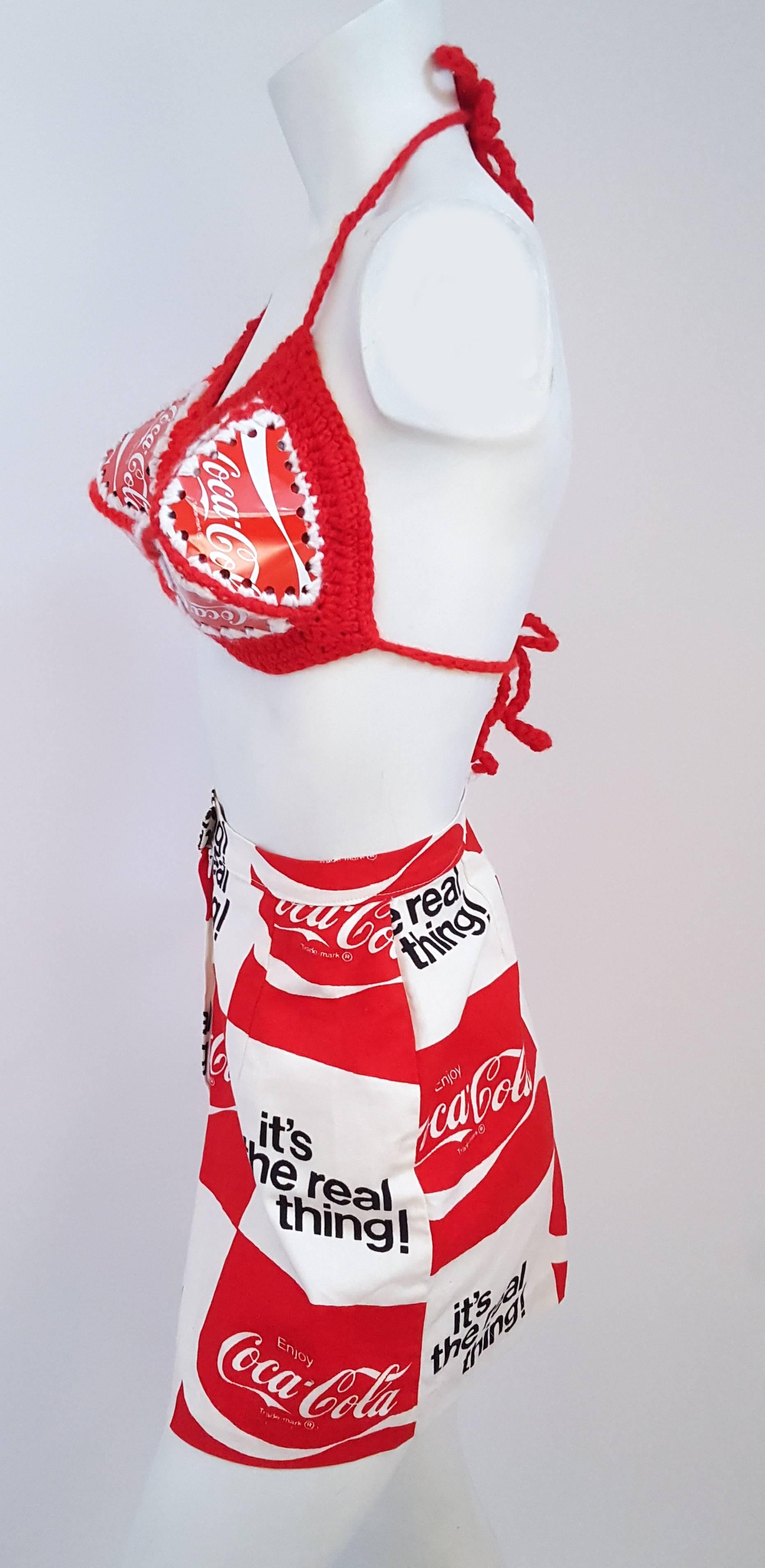 60s Pop Art Coca Cola Wearable Art Bikini and Shorts. Bikini top made from vintage Coca Cola cans and crocheted yarn lining. Cotten print shorts. 