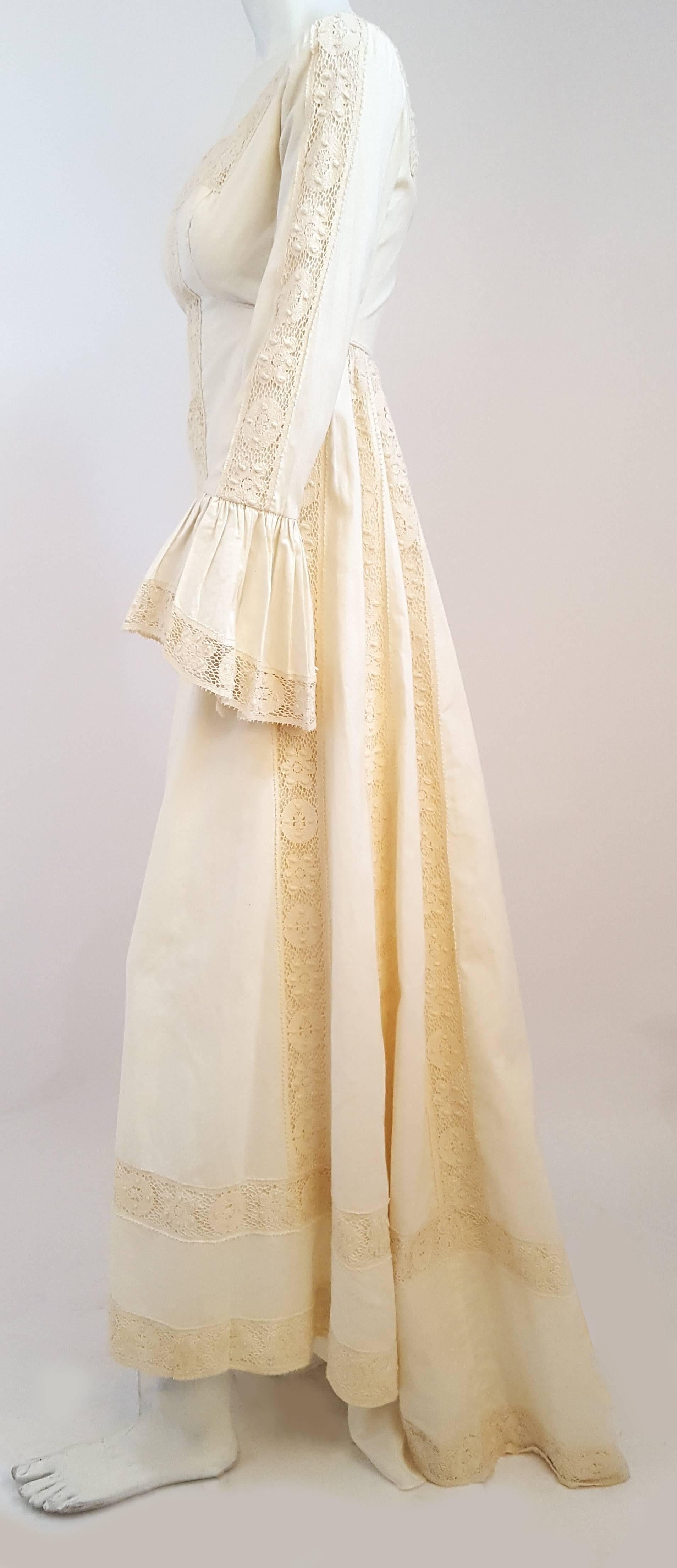 70s Emma Domb Medieval Style Cotton Wedding Dress w/ Train. Cotton trim detail. Back zip closure. 13