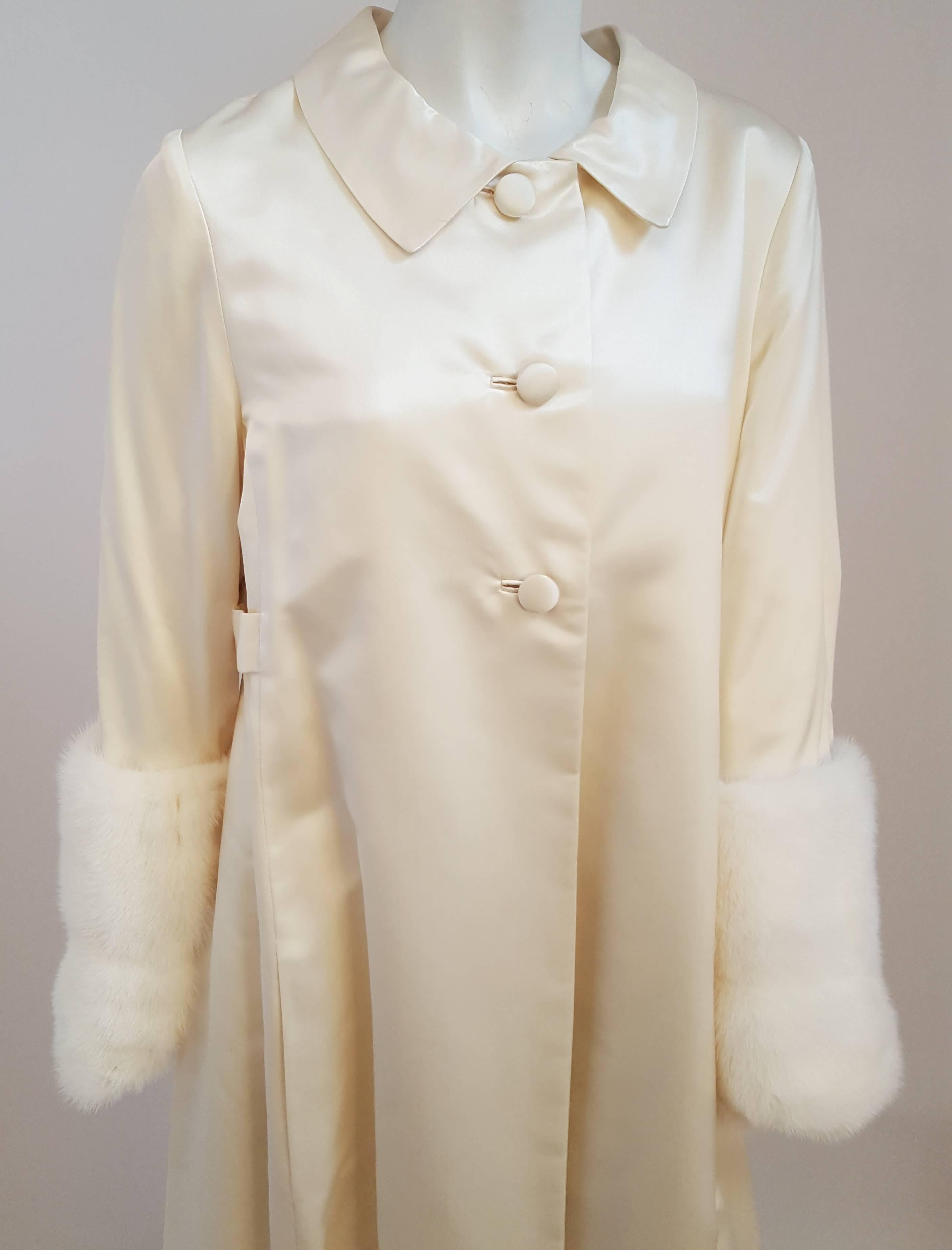 60s White Satin Evening Coat w/ Mink Trim. Classic 1960s sack back silhouette. 