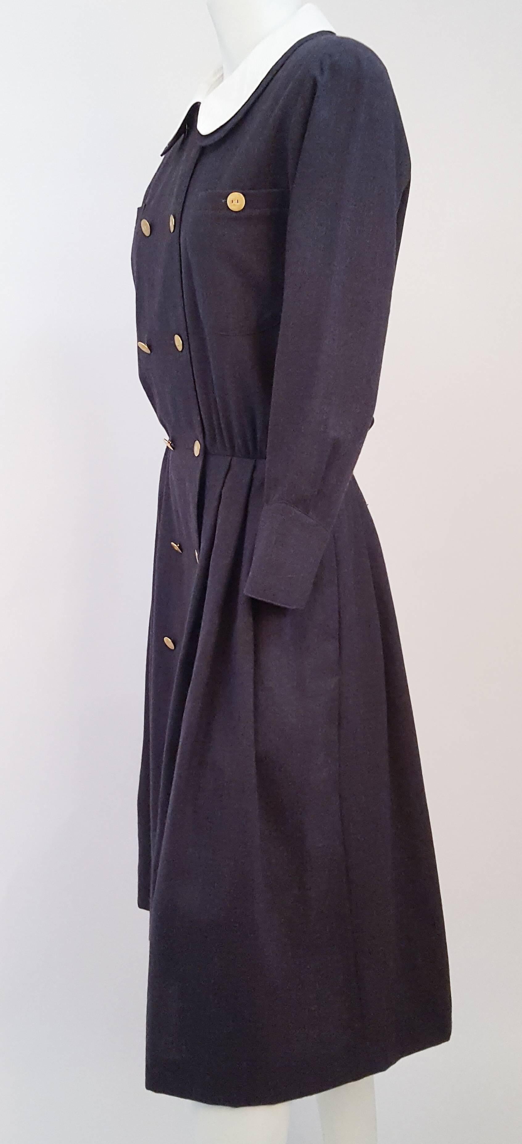 90s Karl Lagerfeld Double Breasted Wool Dress. Removable white collar. Gold KL buttons adorn front of dress. 