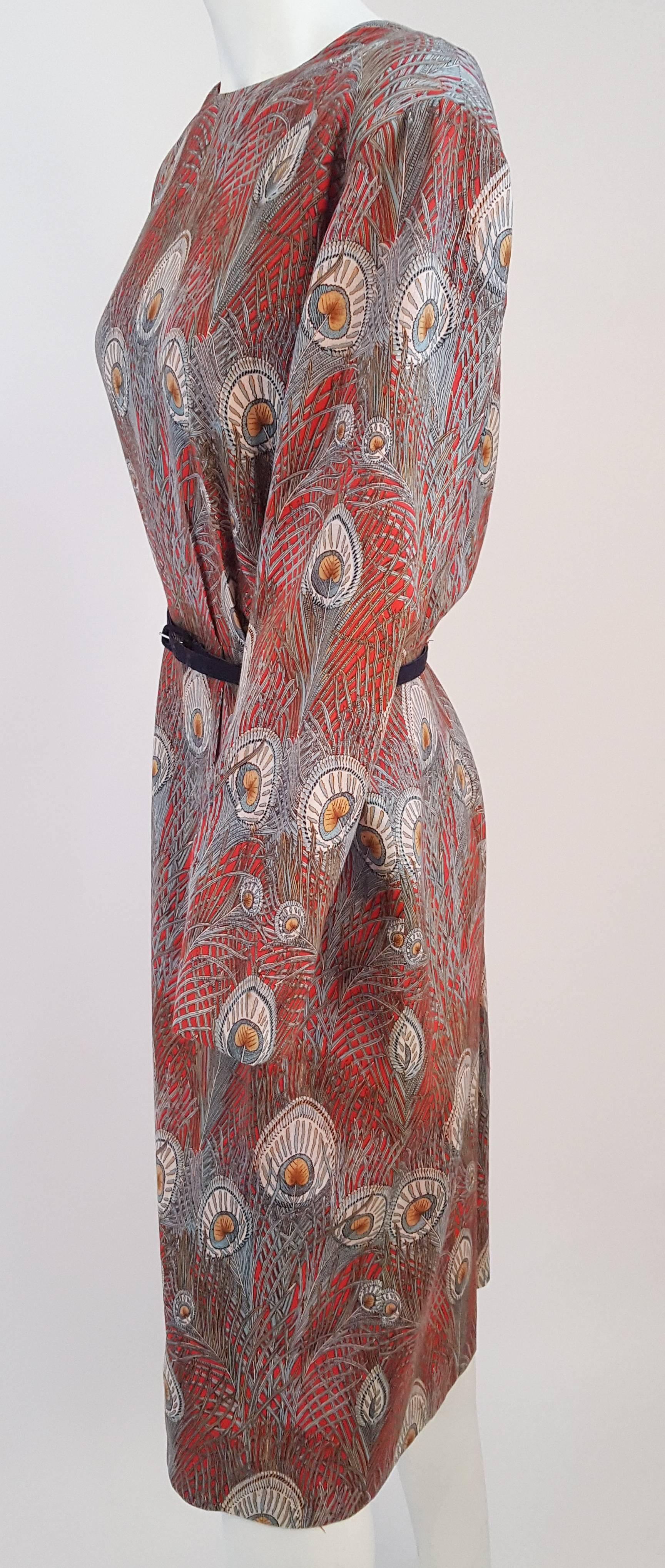 60s Peacock Feather Print Sheath Dress. Wool dress. Back zip metal zipper. Belt included, not original. Fully lined. 