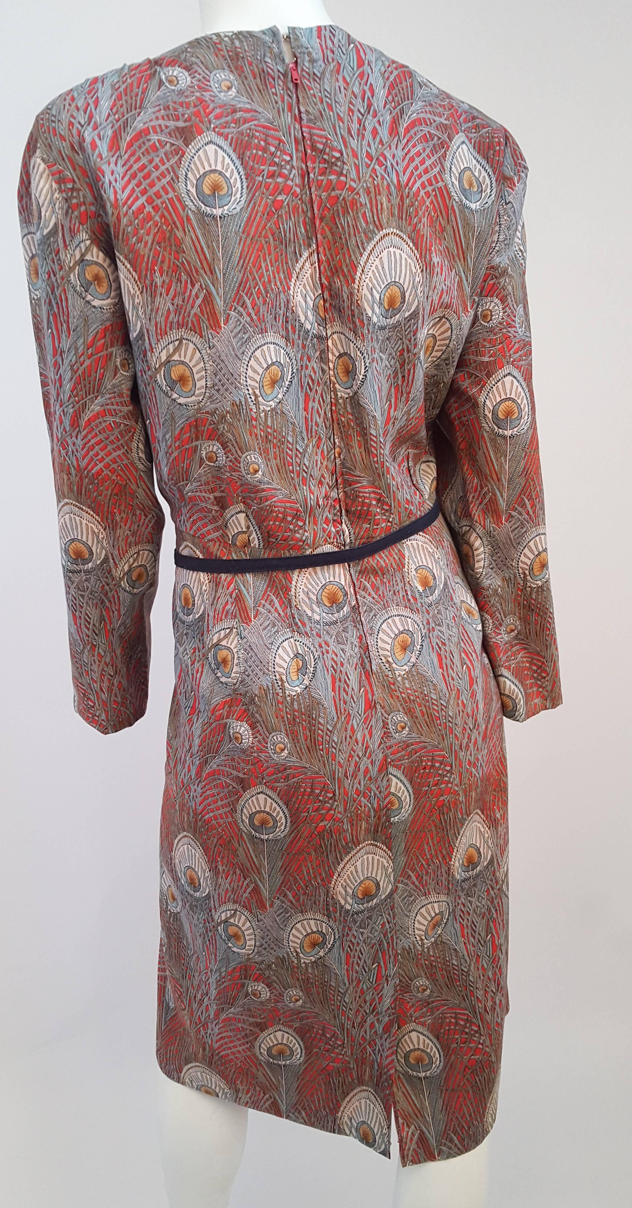 Brown 60s Peacock Feather Print Sheath Dress