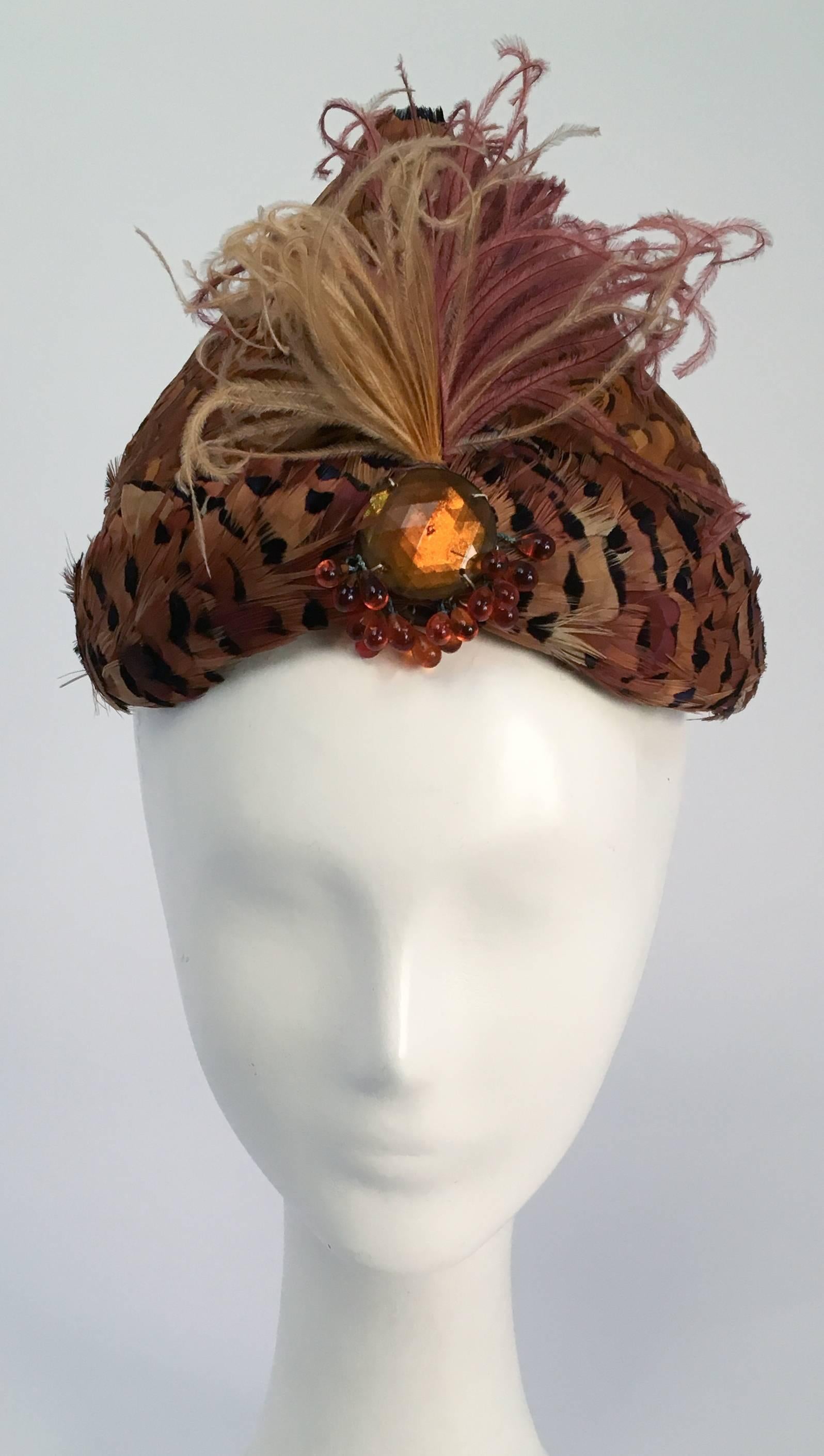 1950s Feather Turban Style Hat. Front rhinestone embellishment with feathers. 