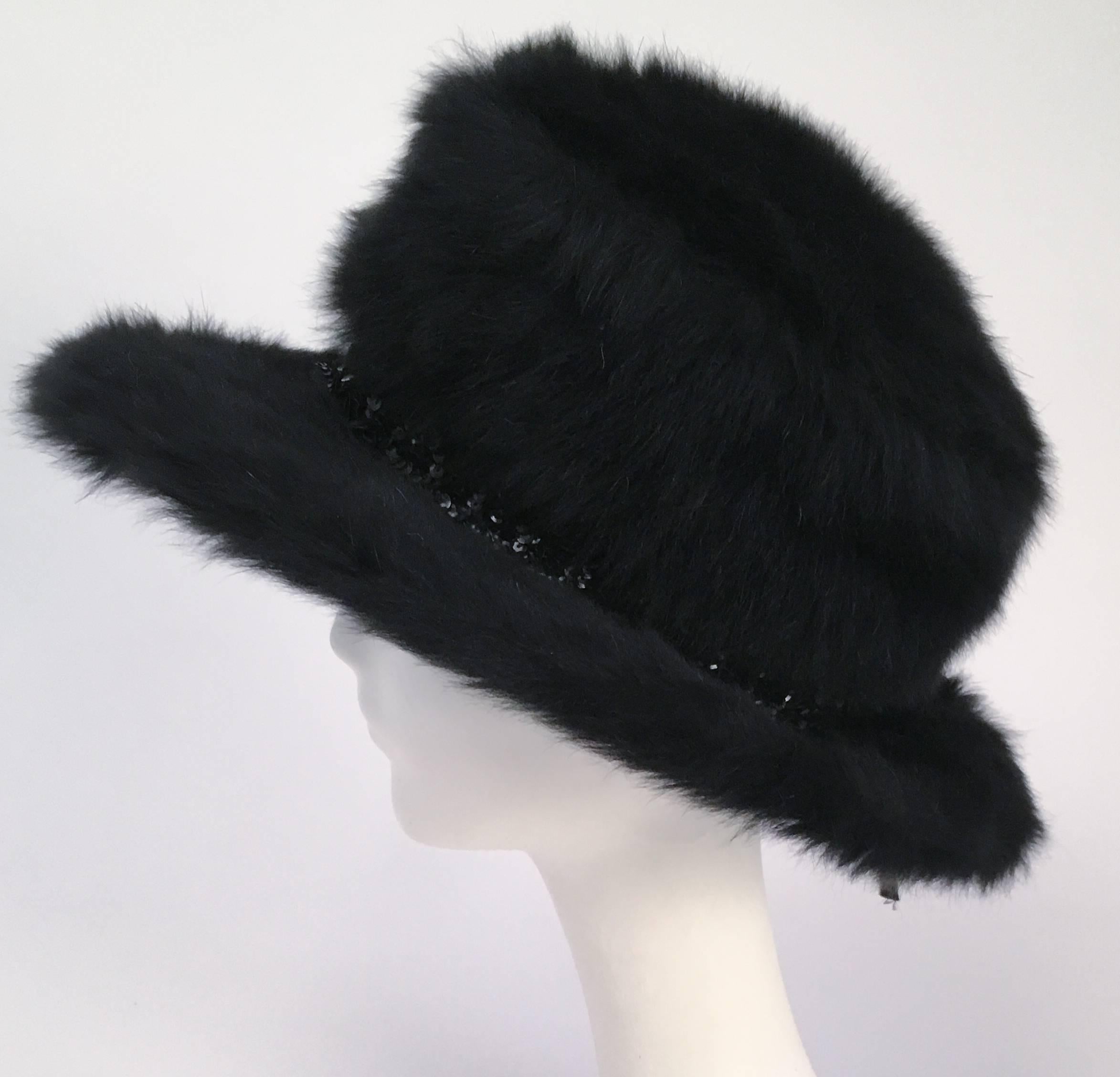 70s Schiaparelli Fur Wide Brim Hat. Sequin band with ribbon bow detail. Contrast turquoise underside. 