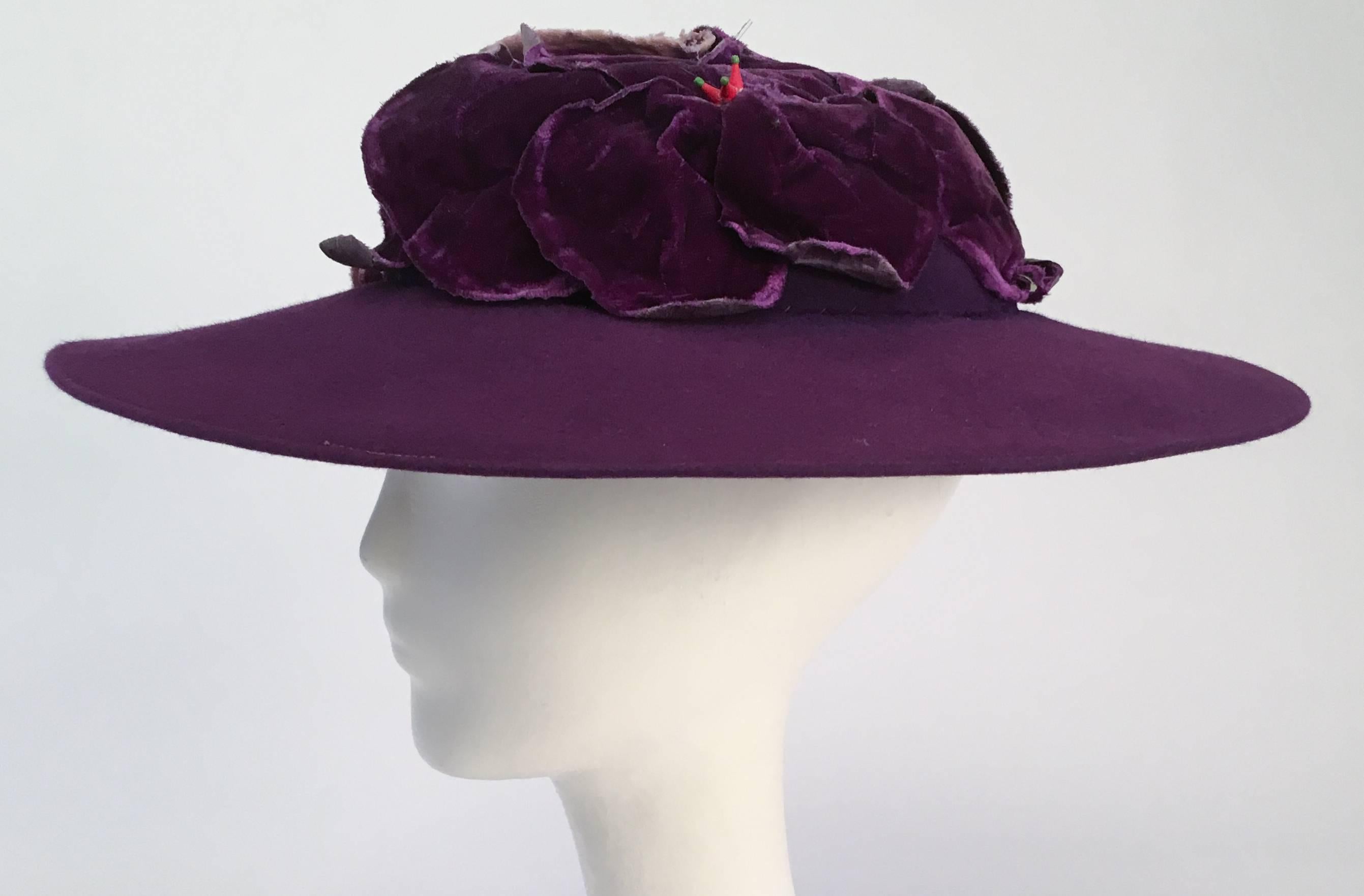 30s Purple Hat w/ Velvet Flowers. Wool felt hat base covered with silk velvet flowers in various shades of violet. 