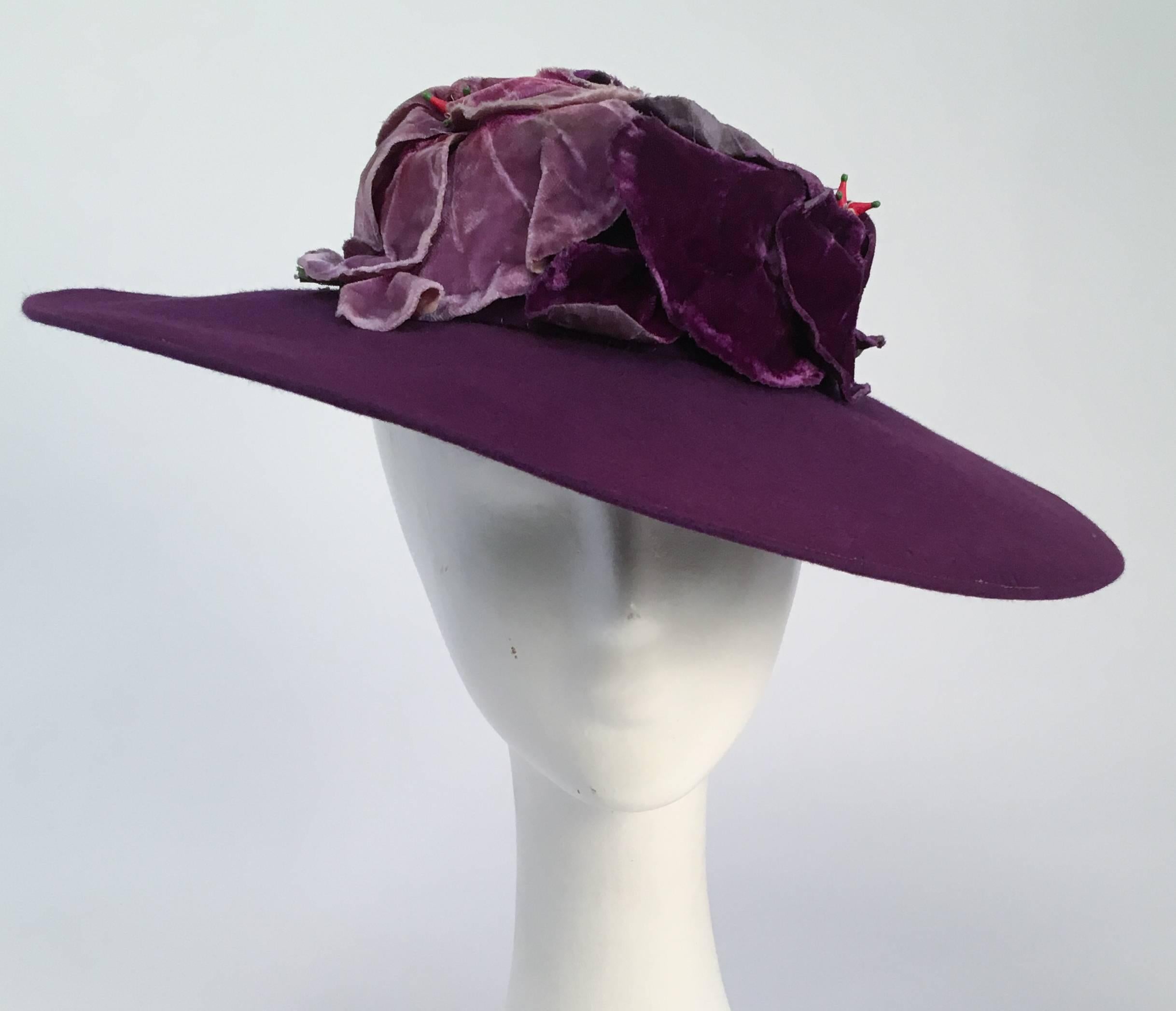 Black 30s Purple Hat w/ Velvet Flowers