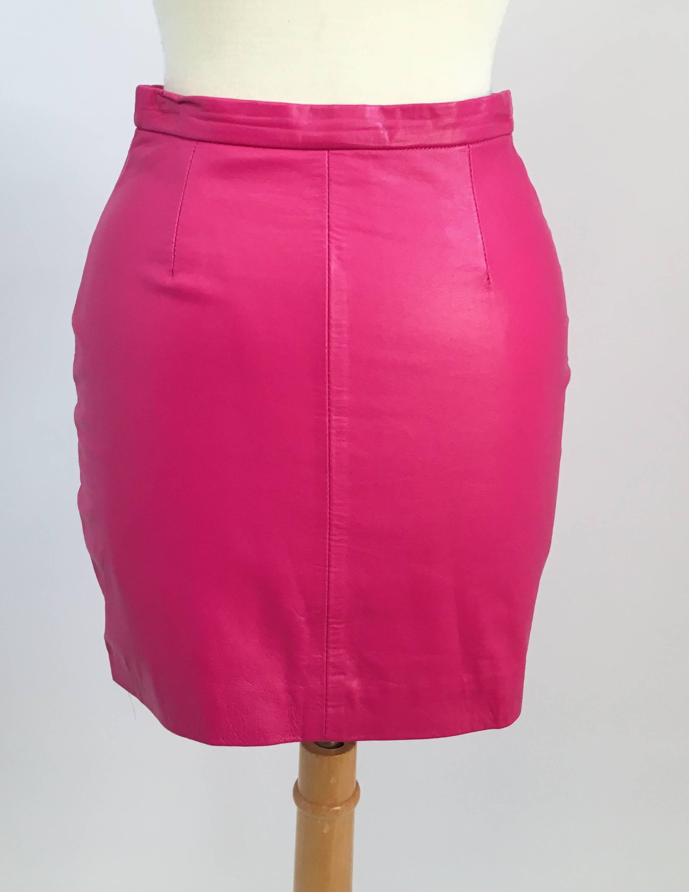 pink leather jacket and skirt set