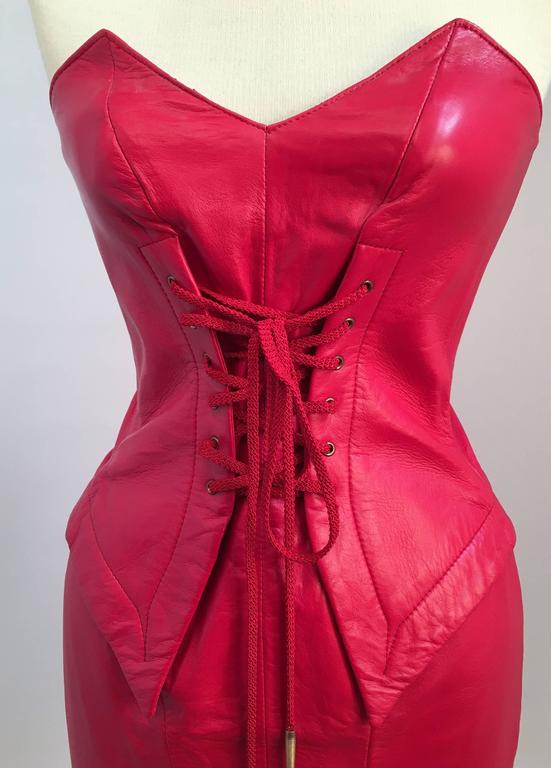 80s Michael Hoban North Beach Leather Bright Red Lace Up Mini Dress at ...