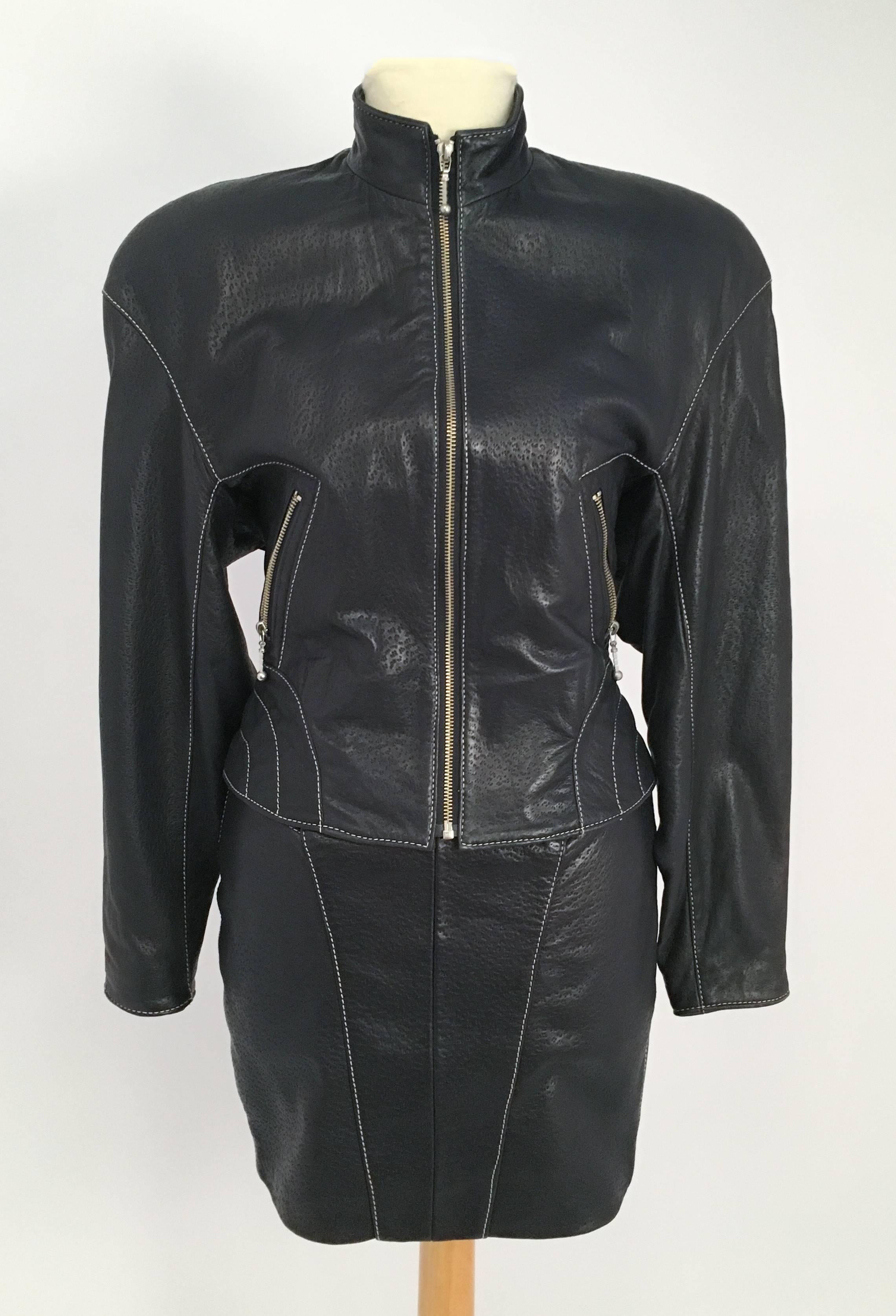 Noir Michael Hoban - Ensemble robe et veste en cuir d'agneau noir et en peau d'agneau North Beach, années 80 en vente