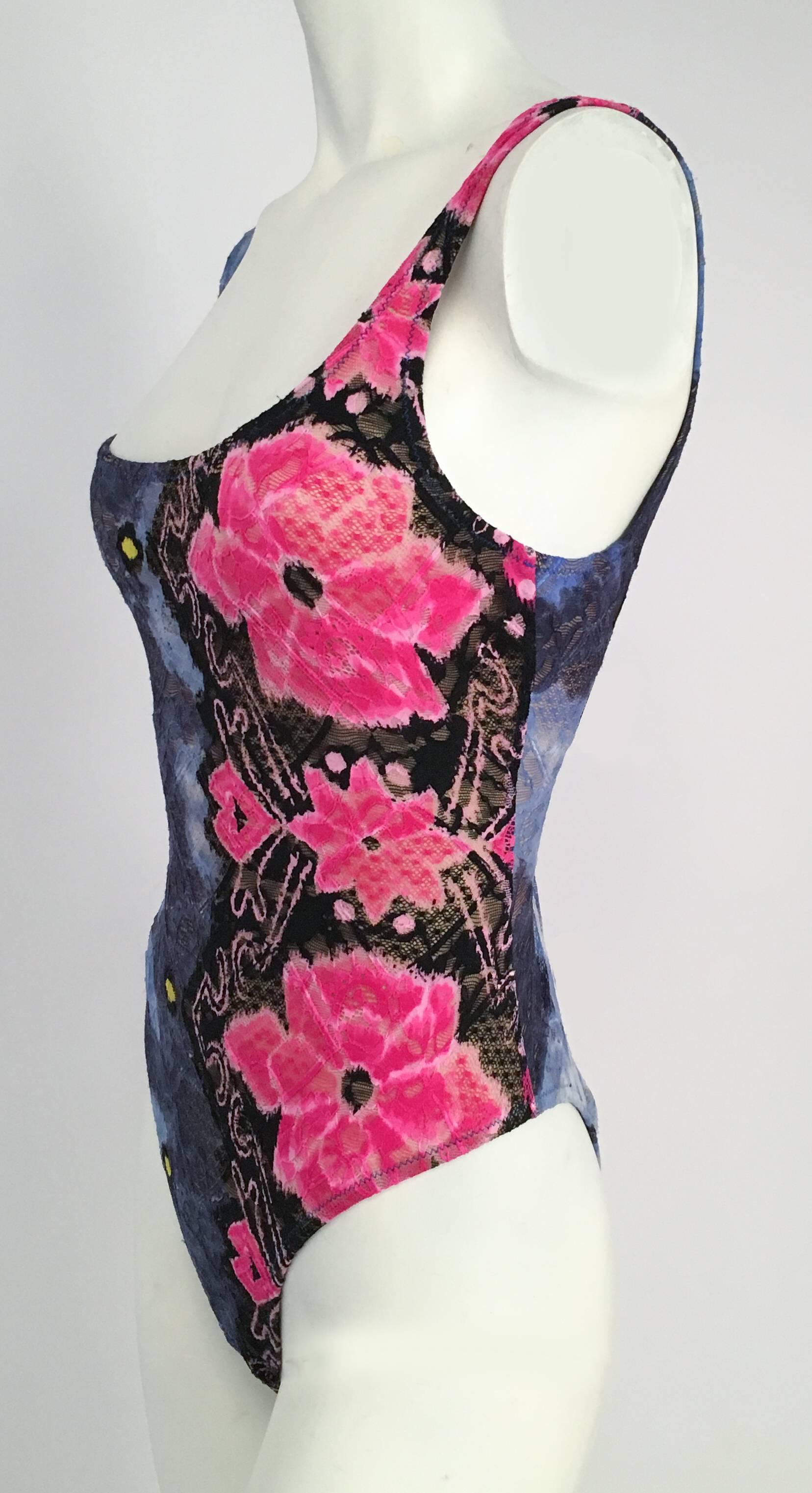 90s Versace Pink and Blue Lace Swimsuit. Stretch lace over nude modesty lining. 