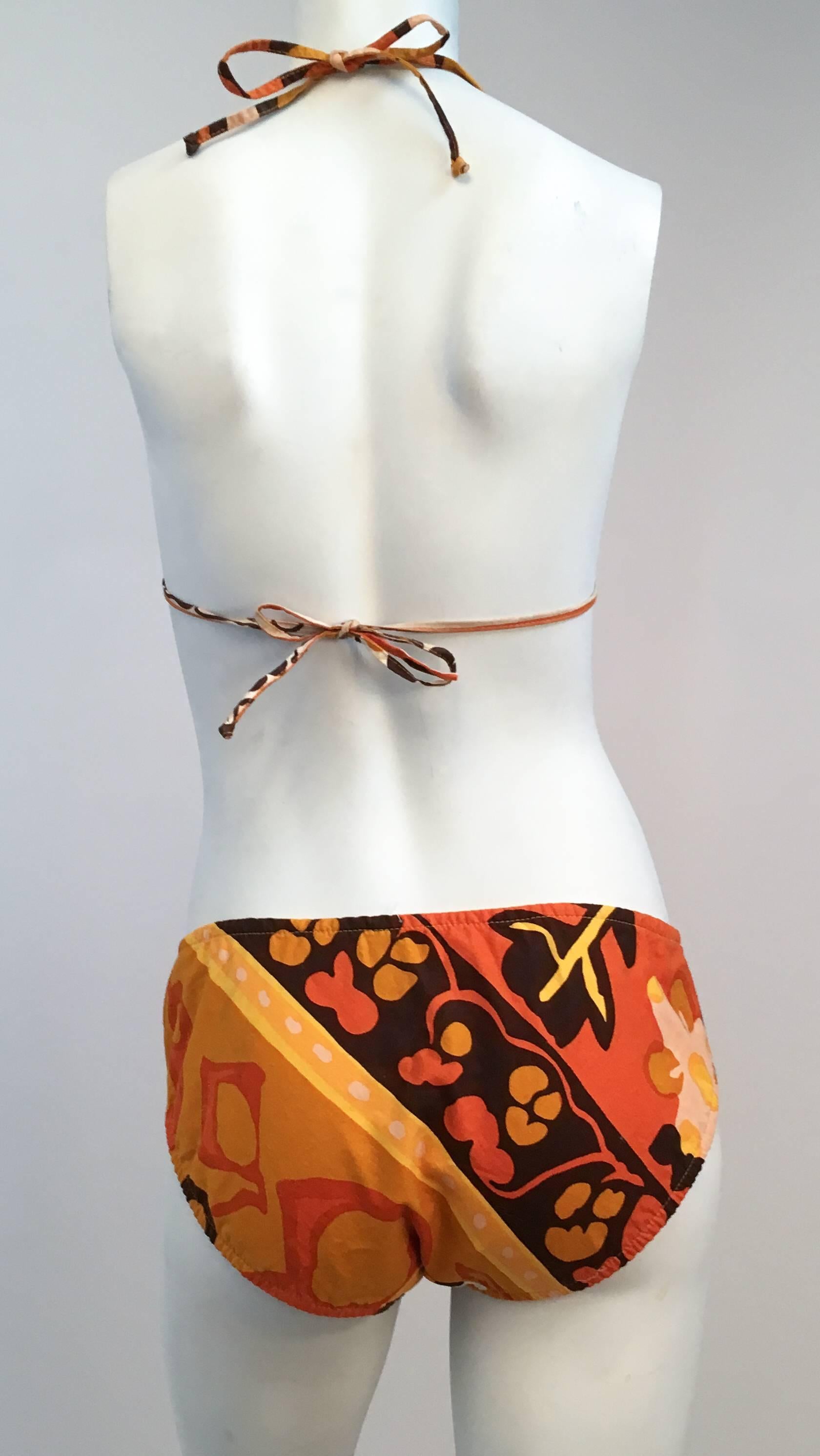 60s Orange Flower Print Cotton String Bikini. Fully lined. Size 6.