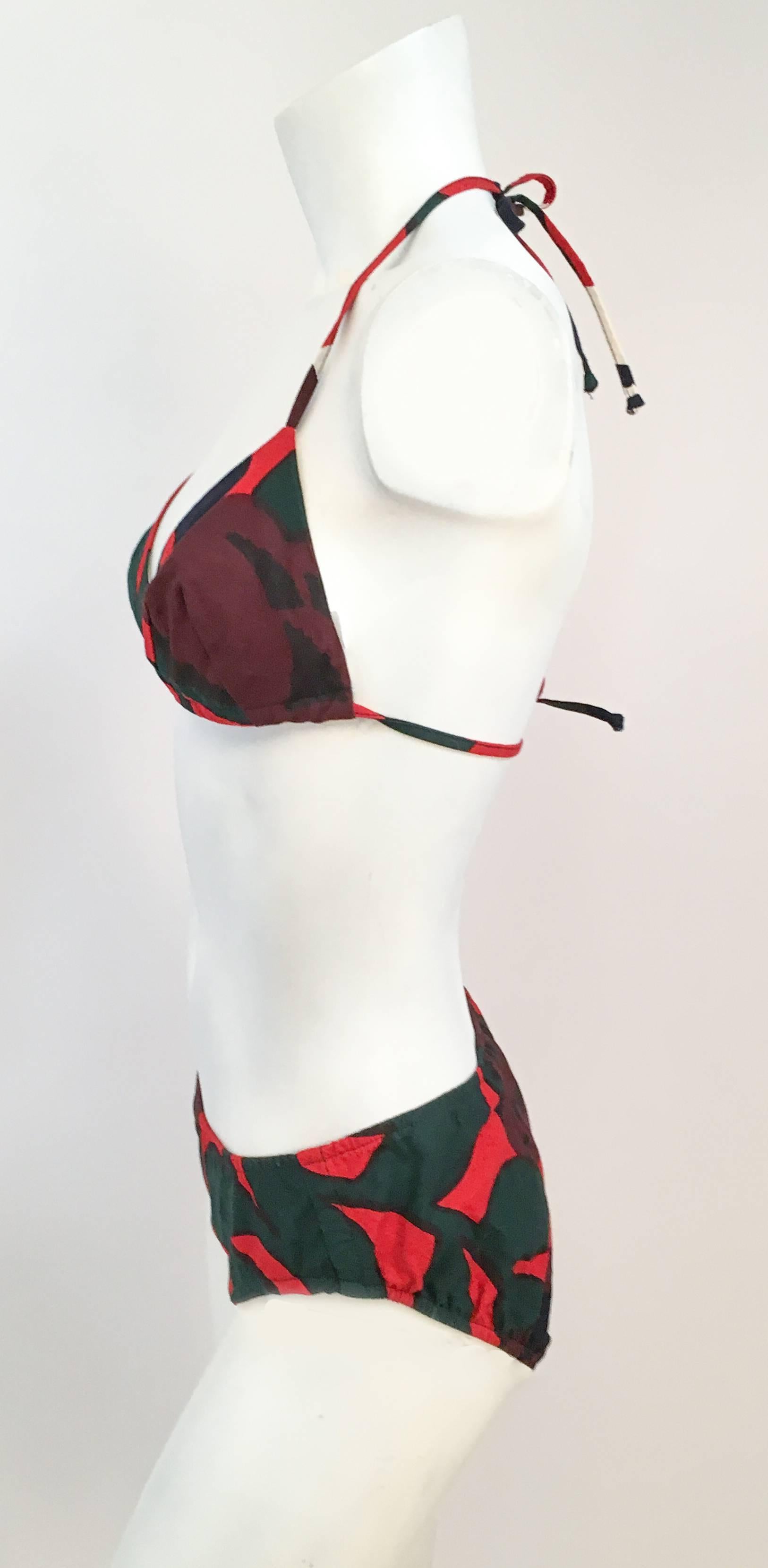 60s Red & Green Abstract Art Printed Cotton String Bikini. Fully Lined. Size 8. 